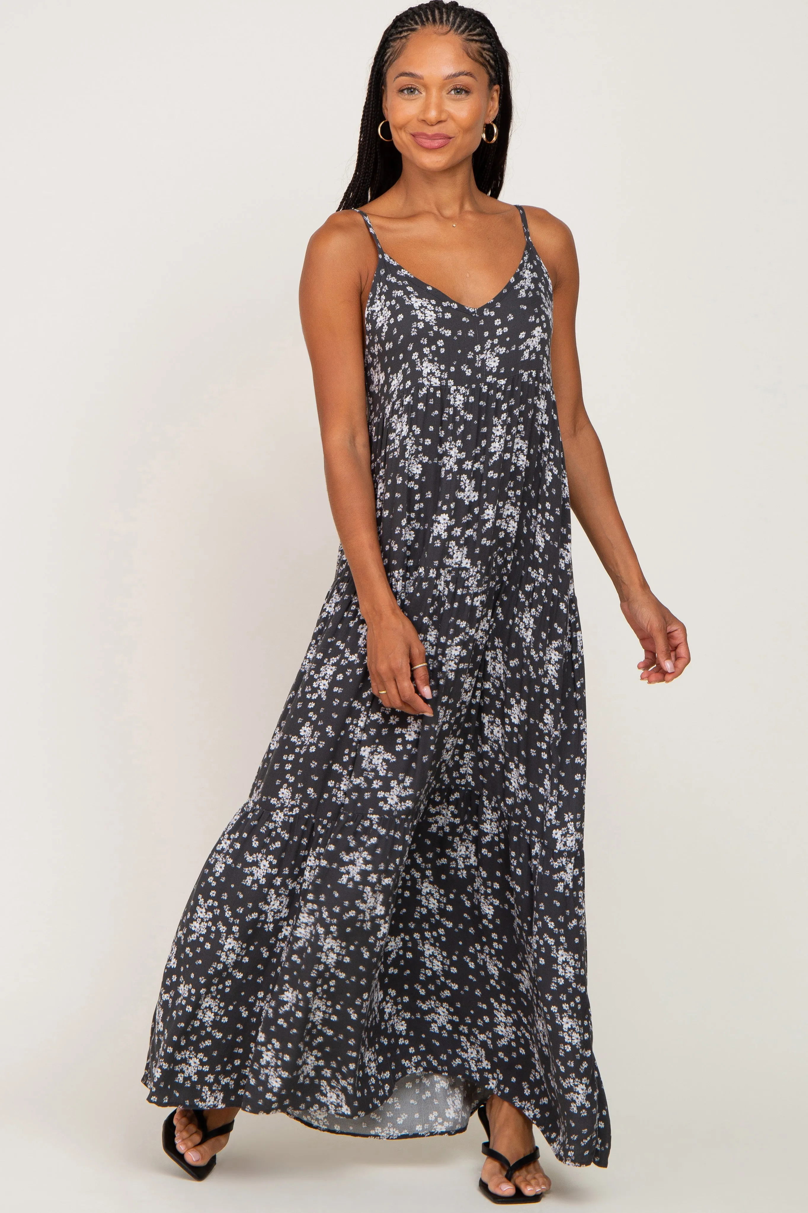 Sleeveless Tiered Maxi Dress in Charcoal Floral