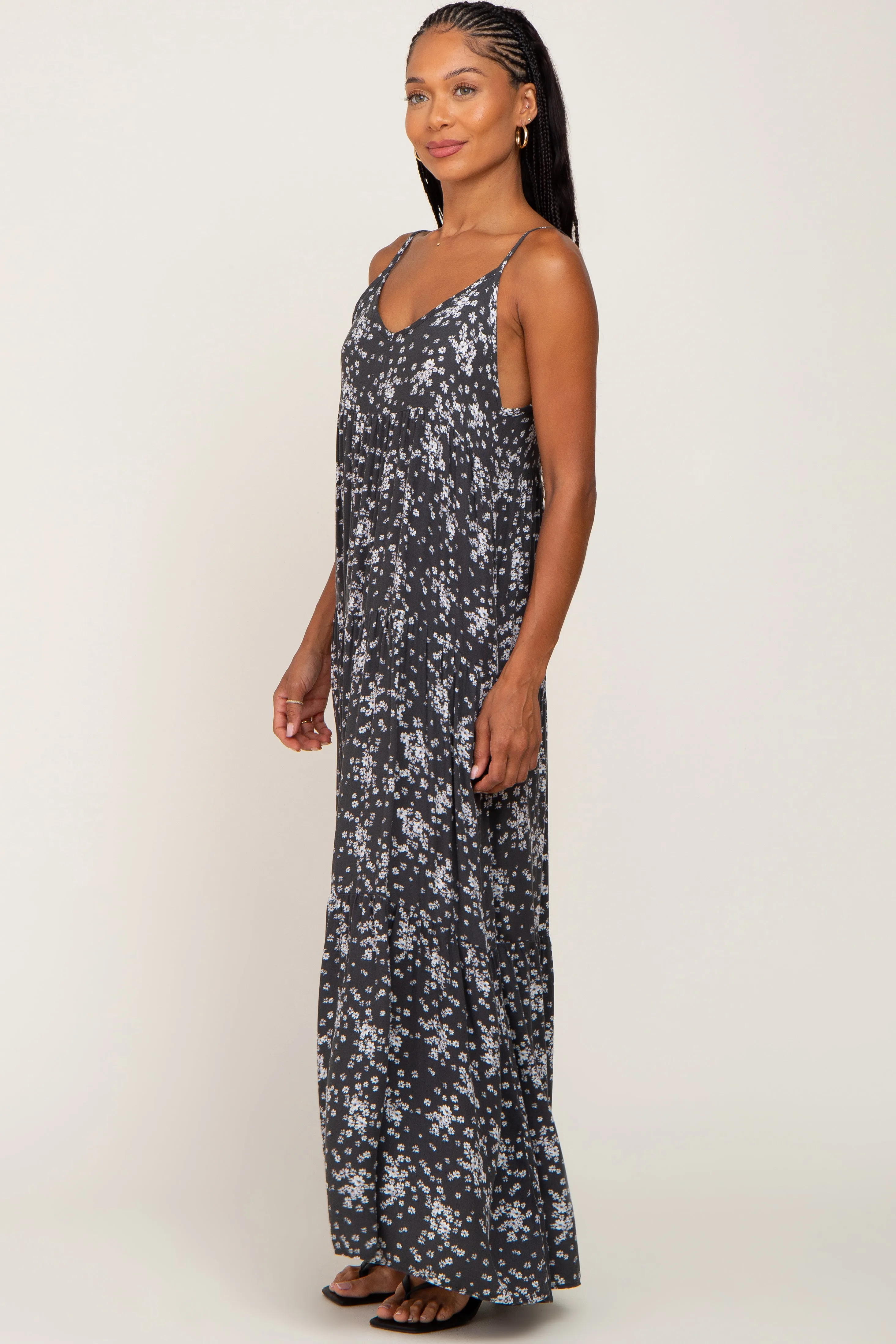 Sleeveless Tiered Maxi Dress in Charcoal Floral