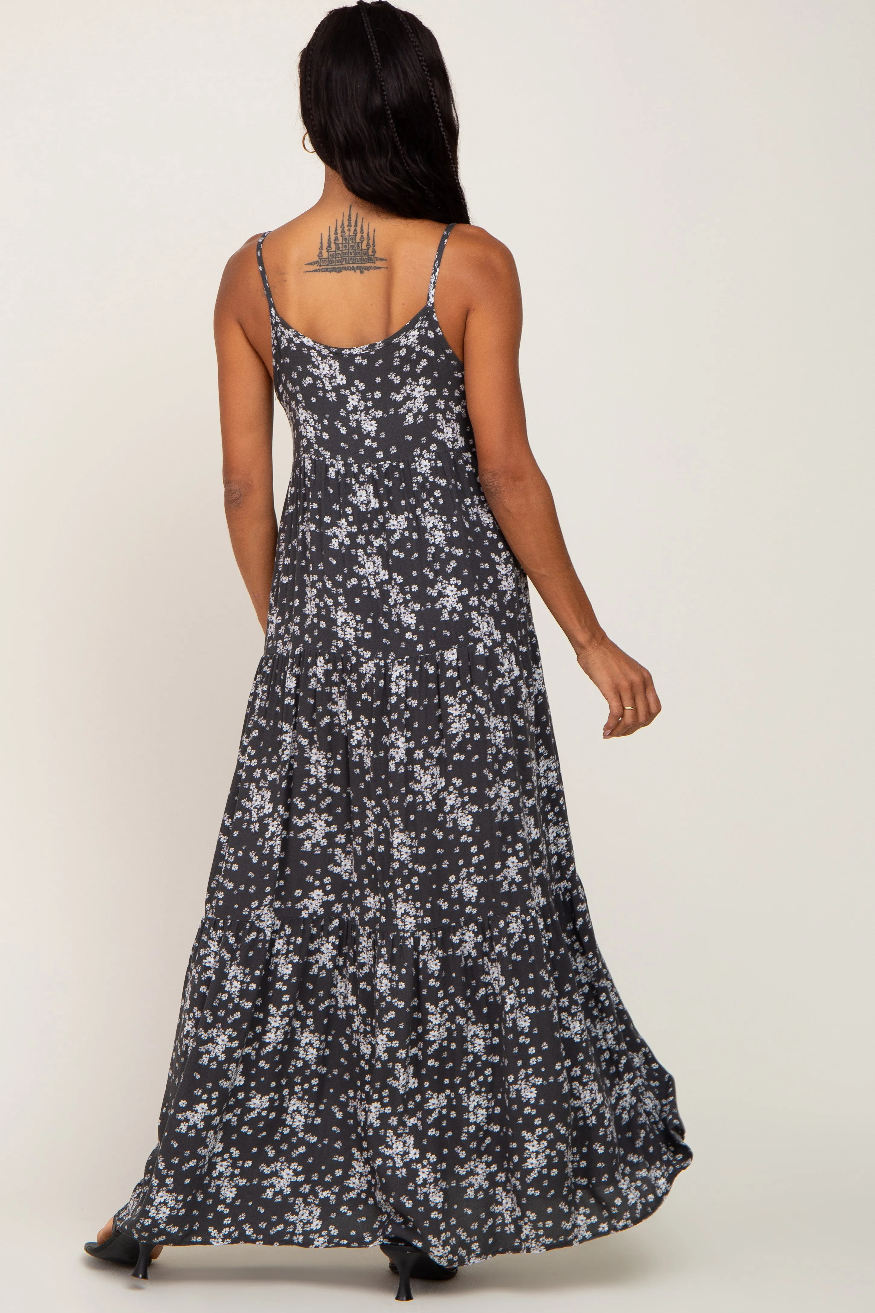 Sleeveless Tiered Maxi Dress in Charcoal Floral