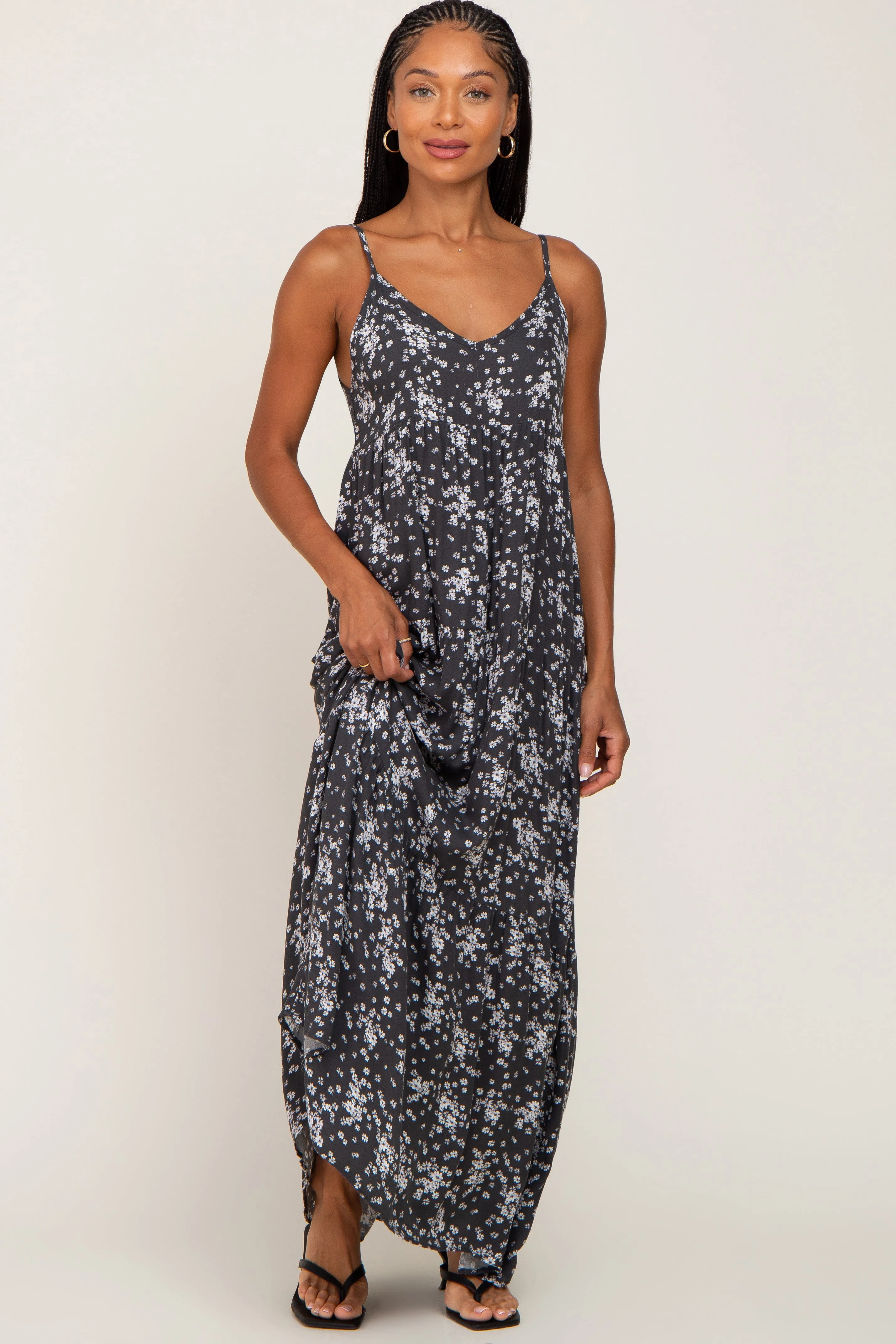 Sleeveless Tiered Maxi Dress in Charcoal Floral