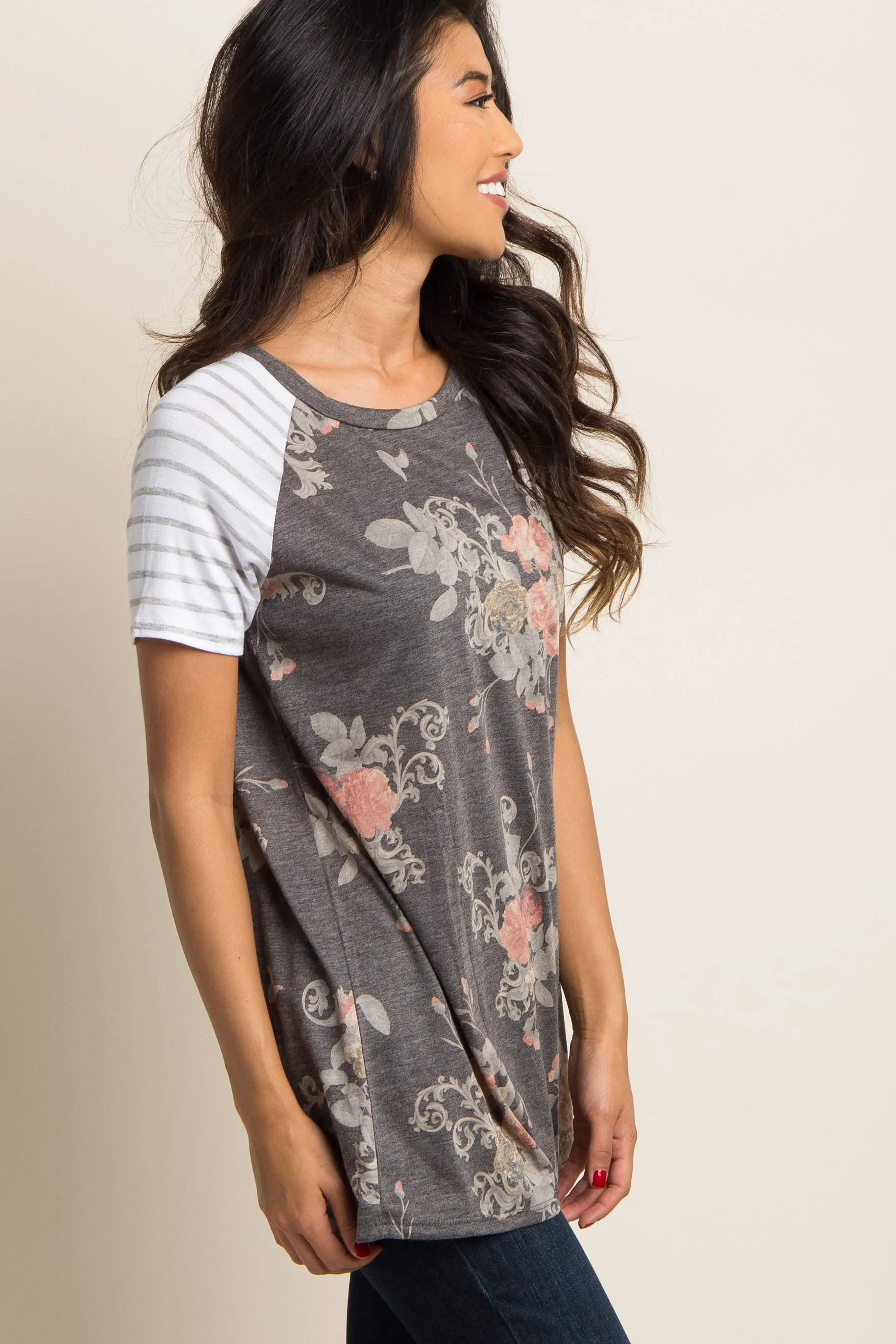 Floral Colorblock Striped Sleeve Top in Charcoal Grey