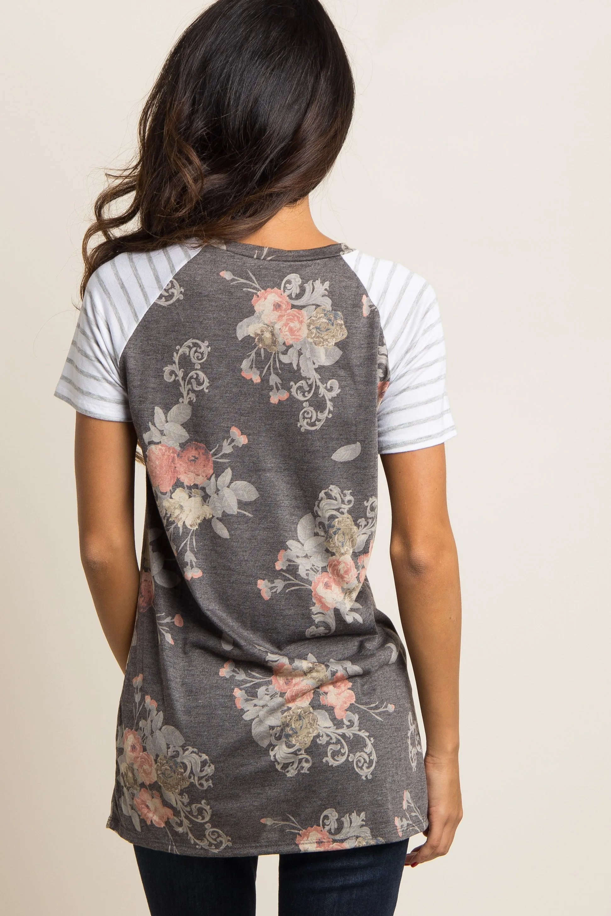 Floral Colorblock Striped Sleeve Top in Charcoal Grey