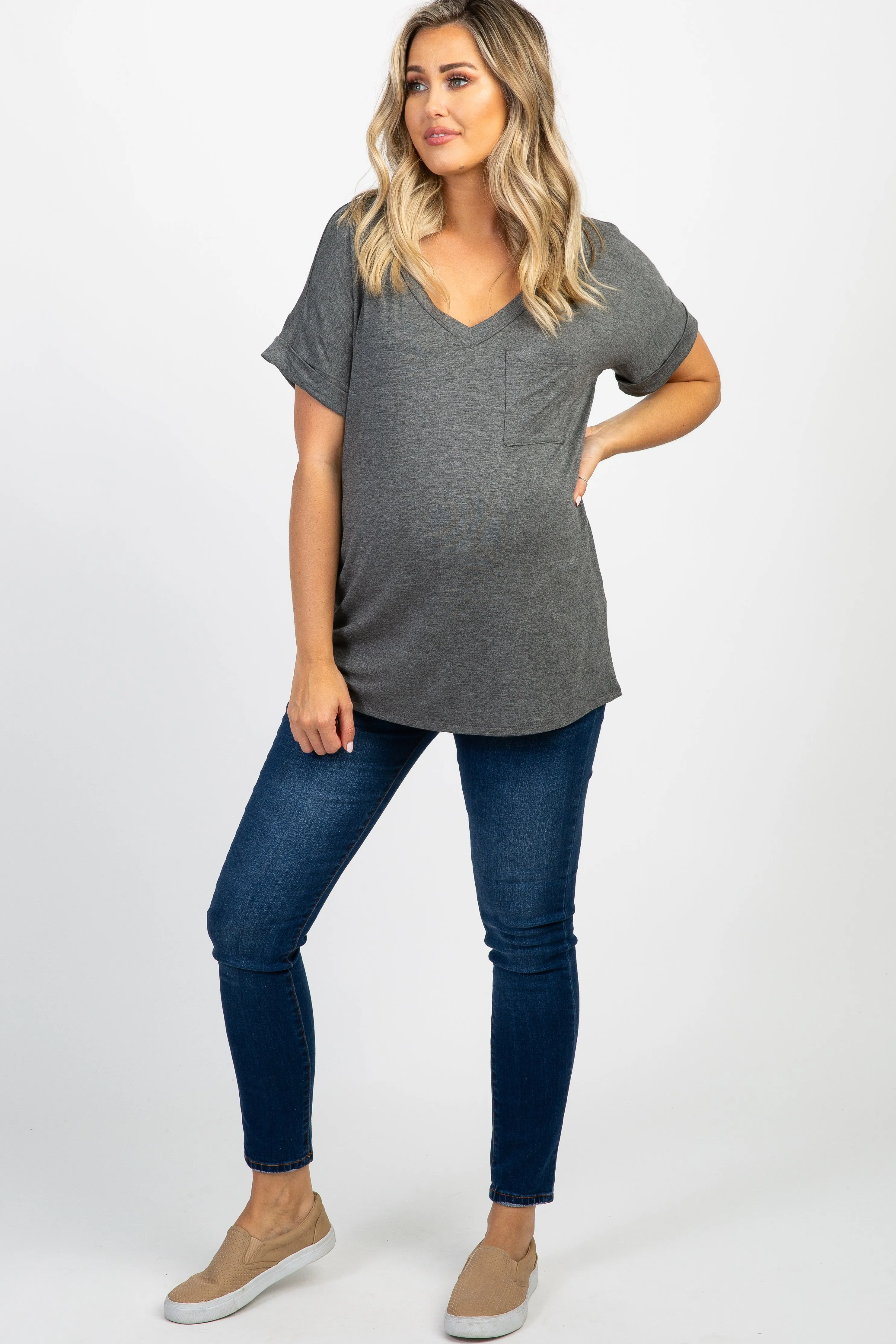 Charcoal Maternity Top with V-Neck and Pocket Accent