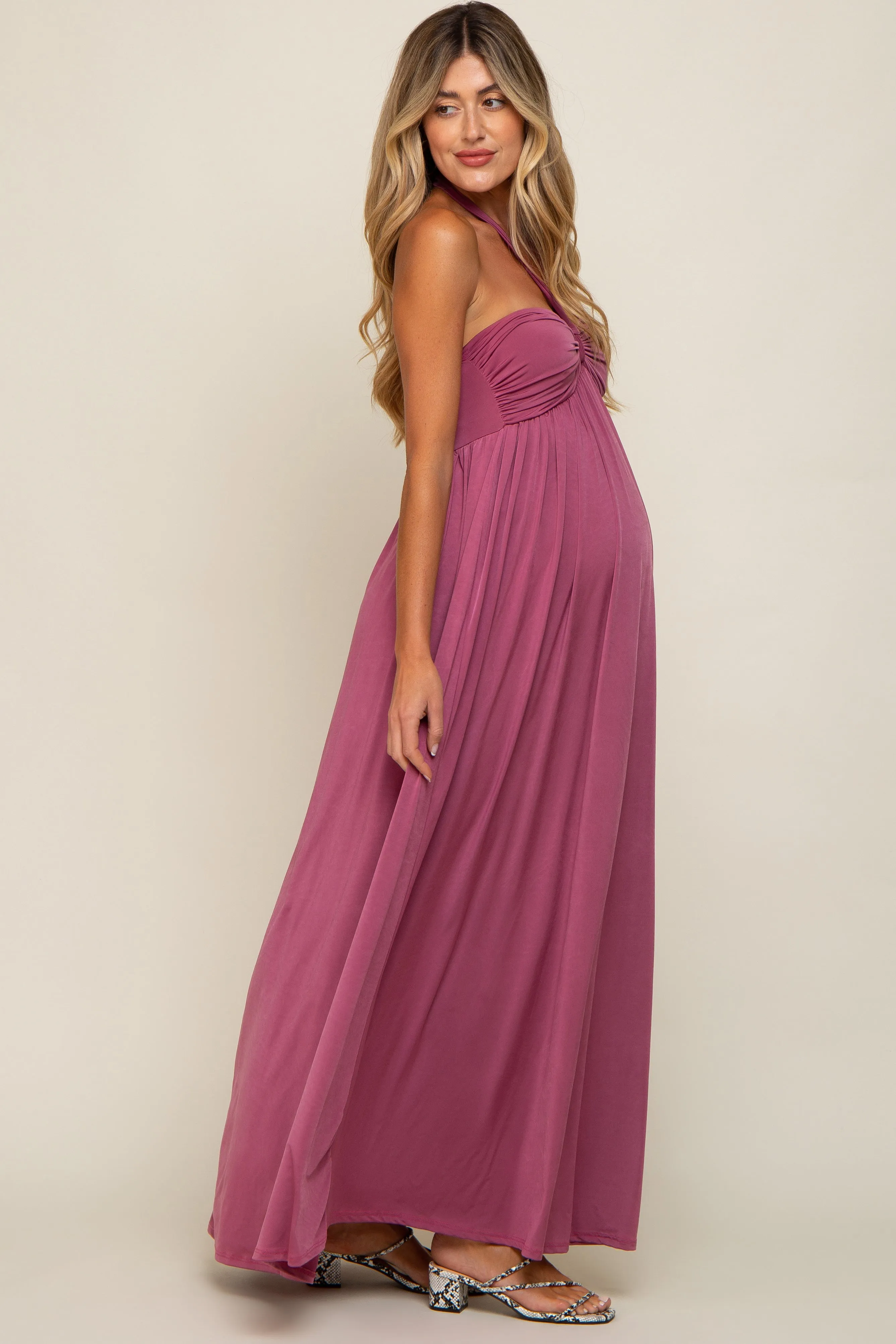 Mauve Halter Maternity Maxi Dress with Front Knot