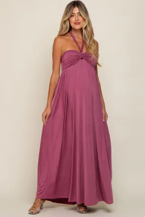 Mauve Halter Maternity Maxi Dress with Front Knot