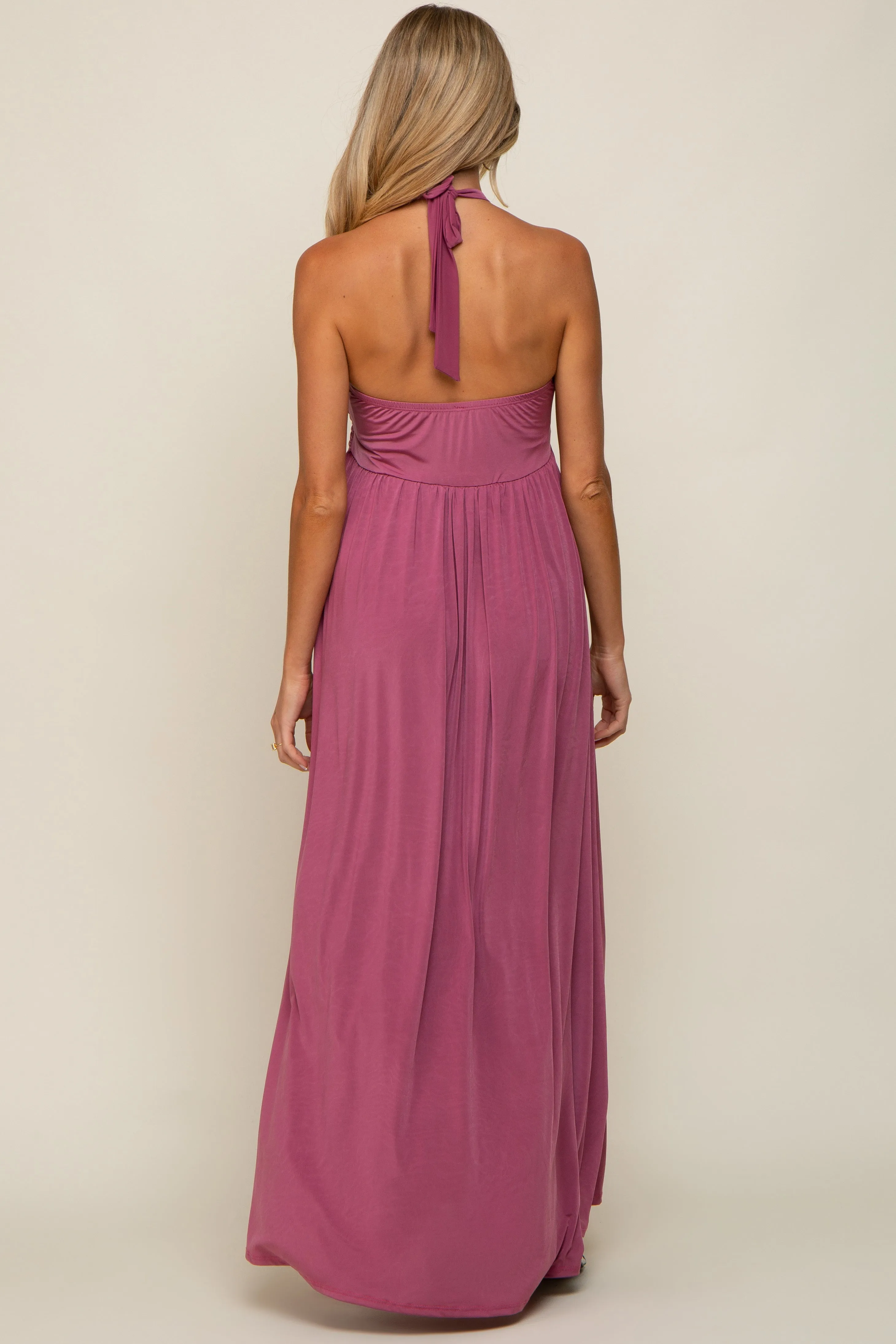 Mauve Halter Maternity Maxi Dress with Front Knot