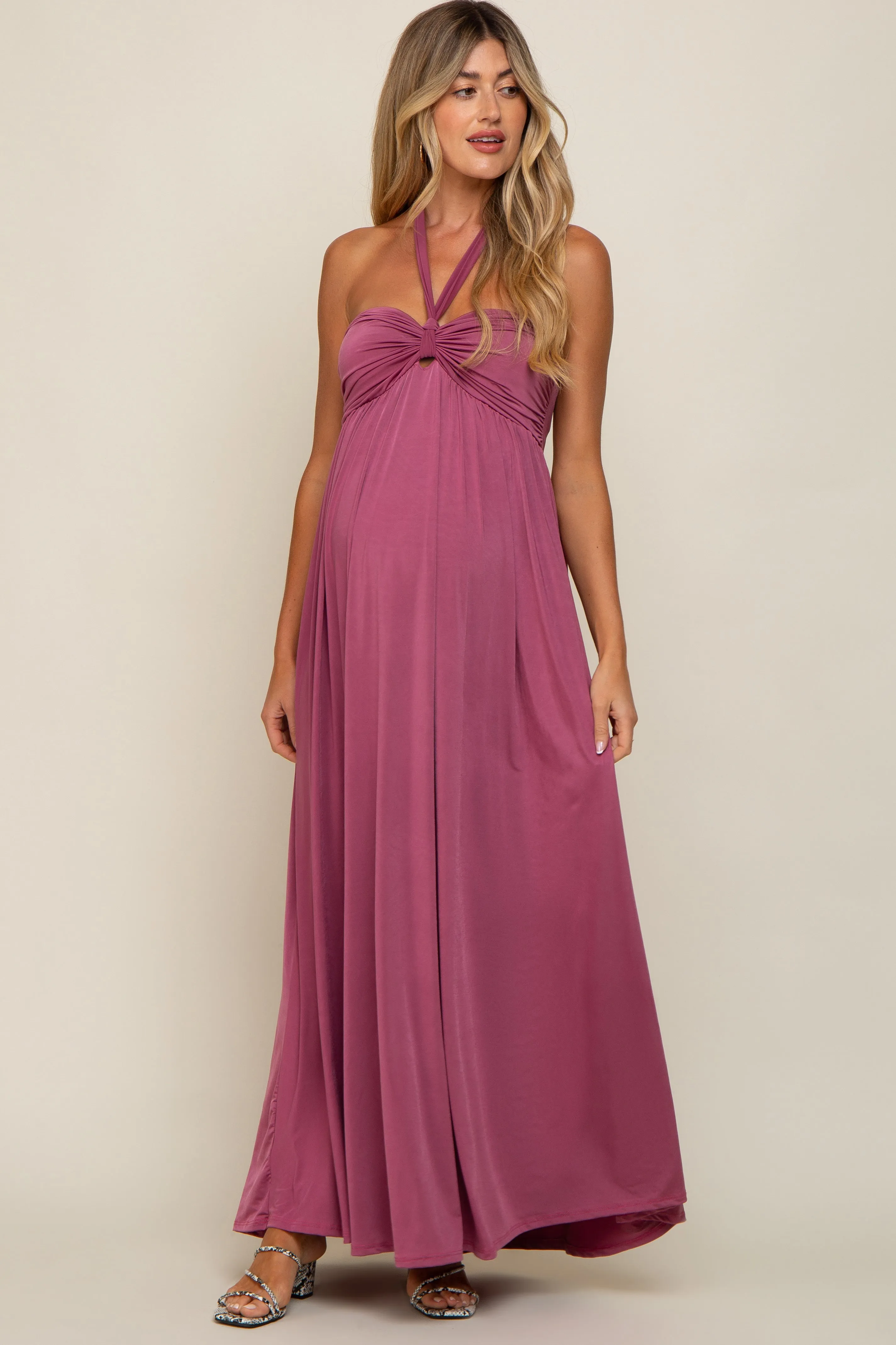 Mauve Halter Maternity Maxi Dress with Front Knot