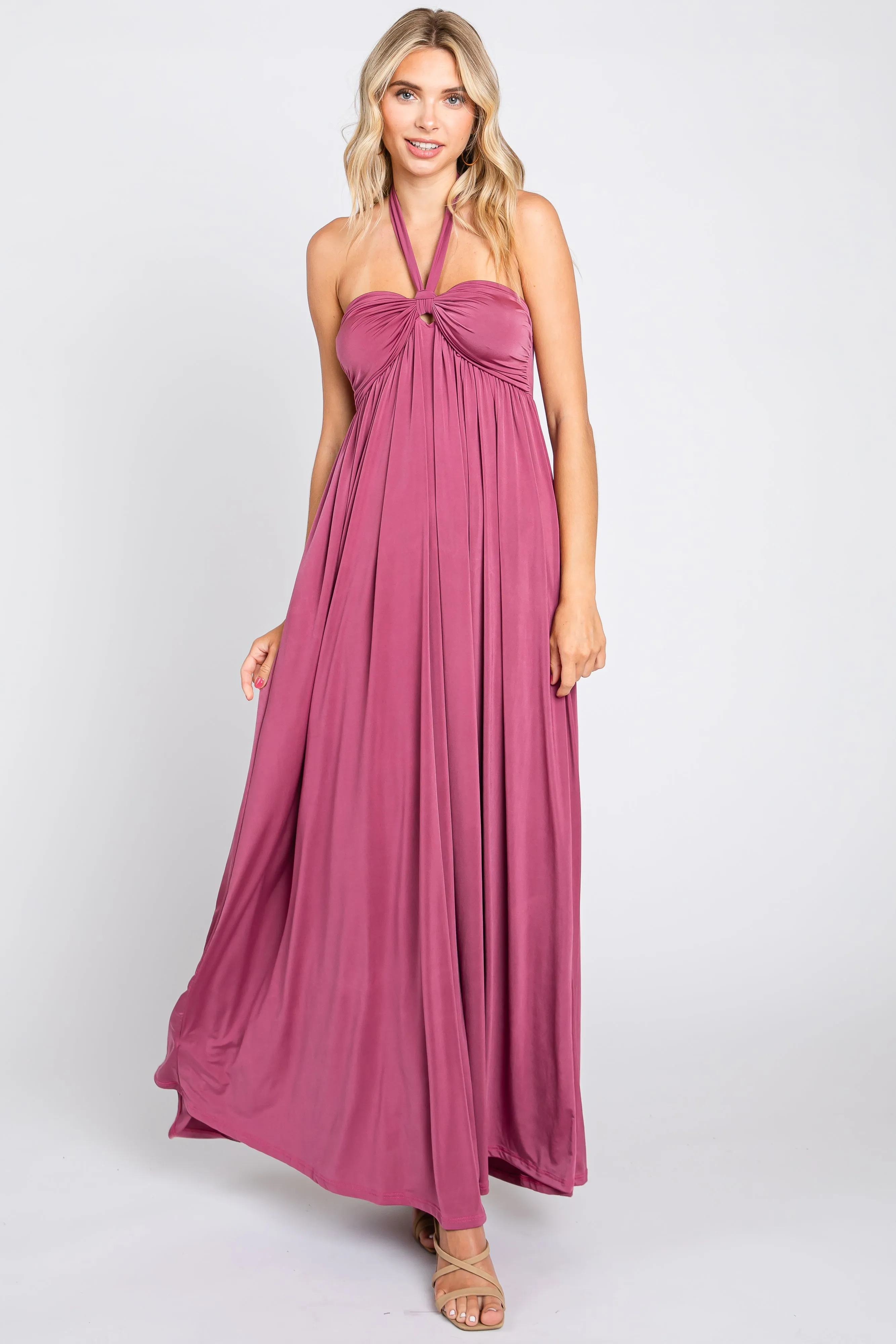 Mauve Halter Maternity Maxi Dress with Front Knot