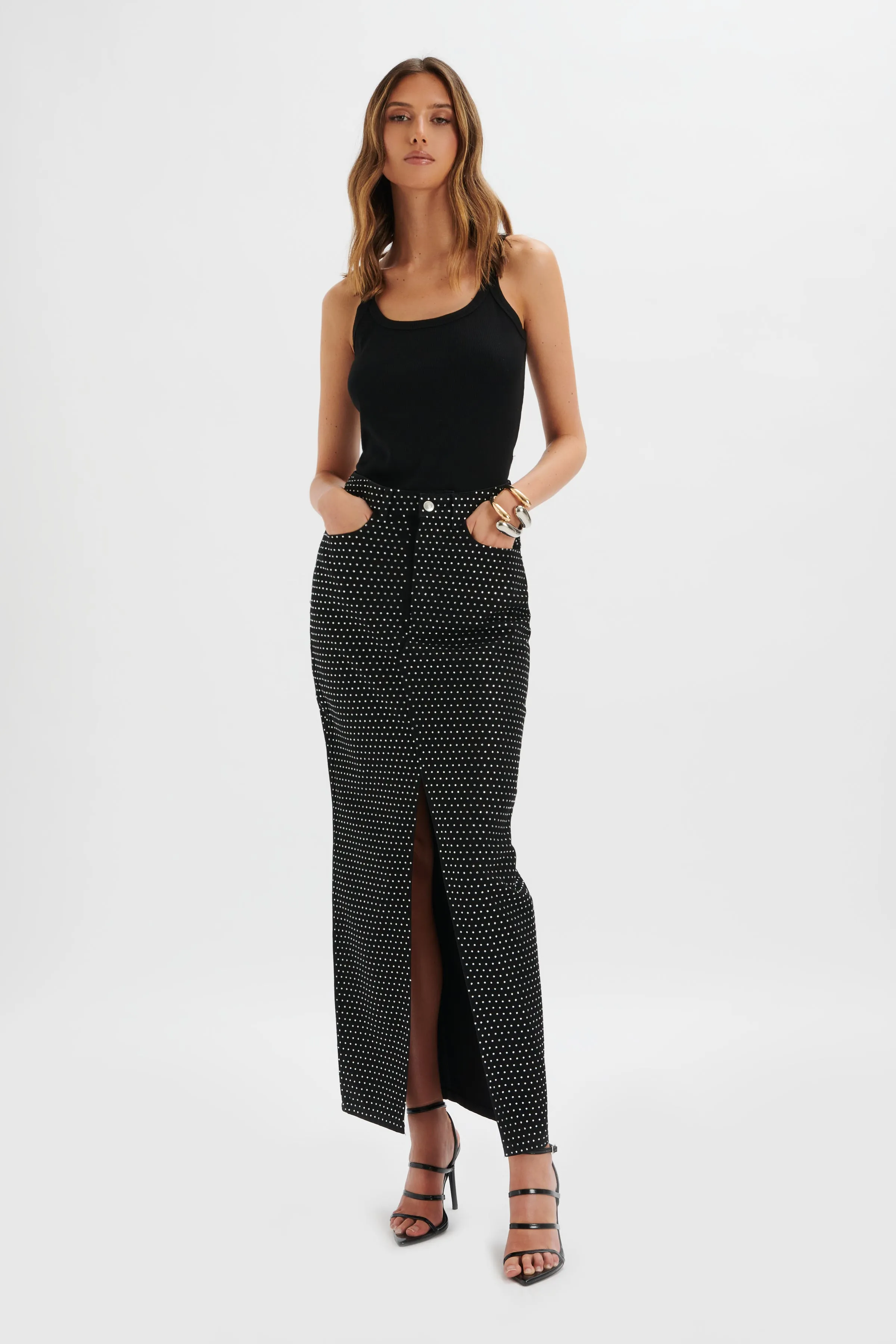 Crystal Embellished Black Denim Maxi Skirt