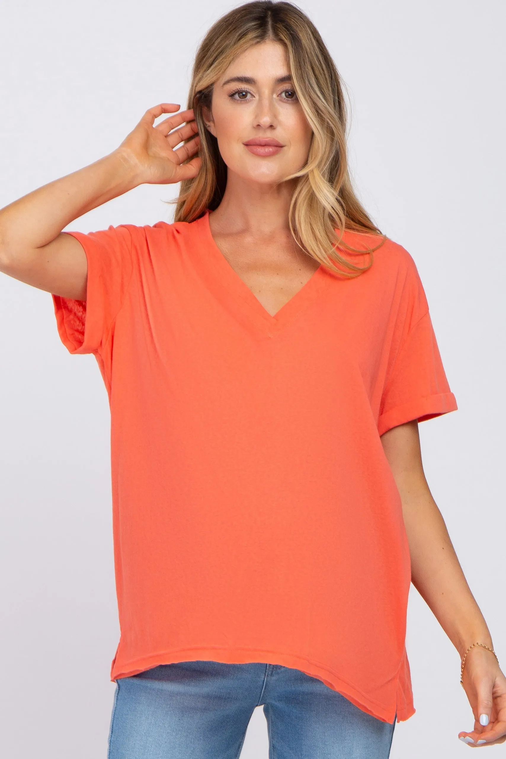 Basic Short Sleeve Maternity Top Coral Rolled