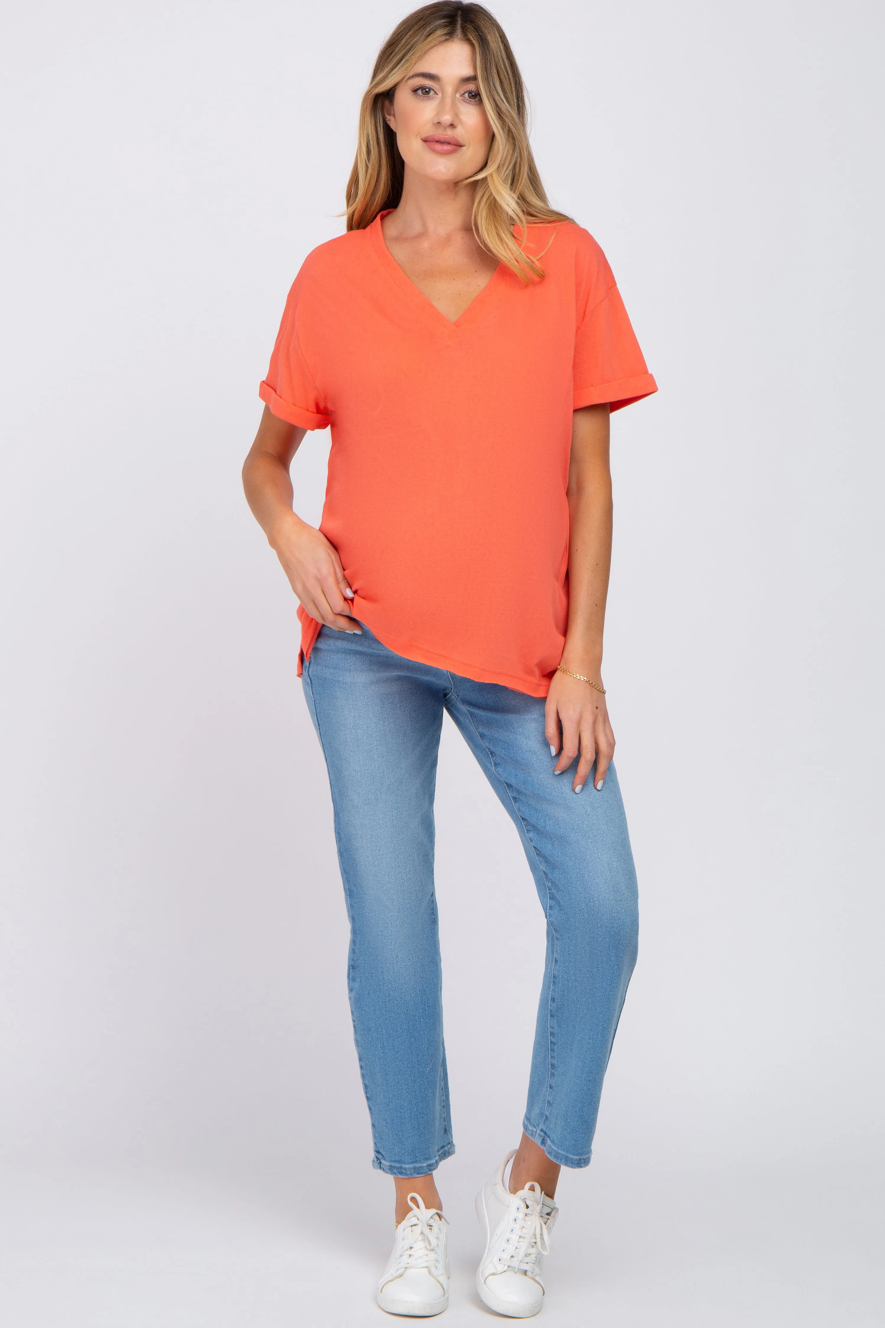 Basic Short Sleeve Maternity Top Coral Rolled