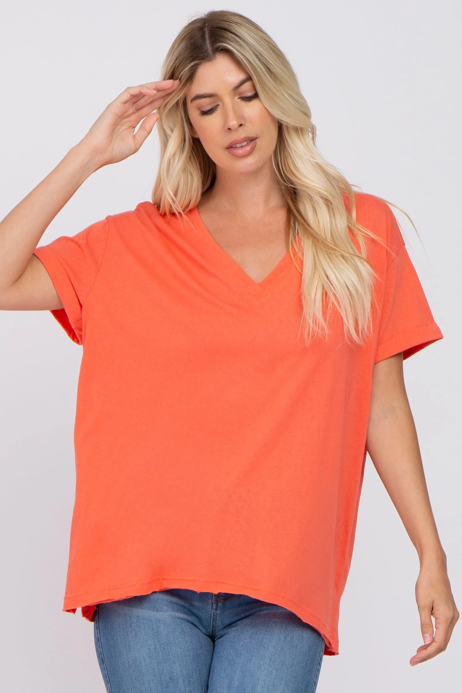 Basic Short Sleeve Maternity Top Coral Rolled