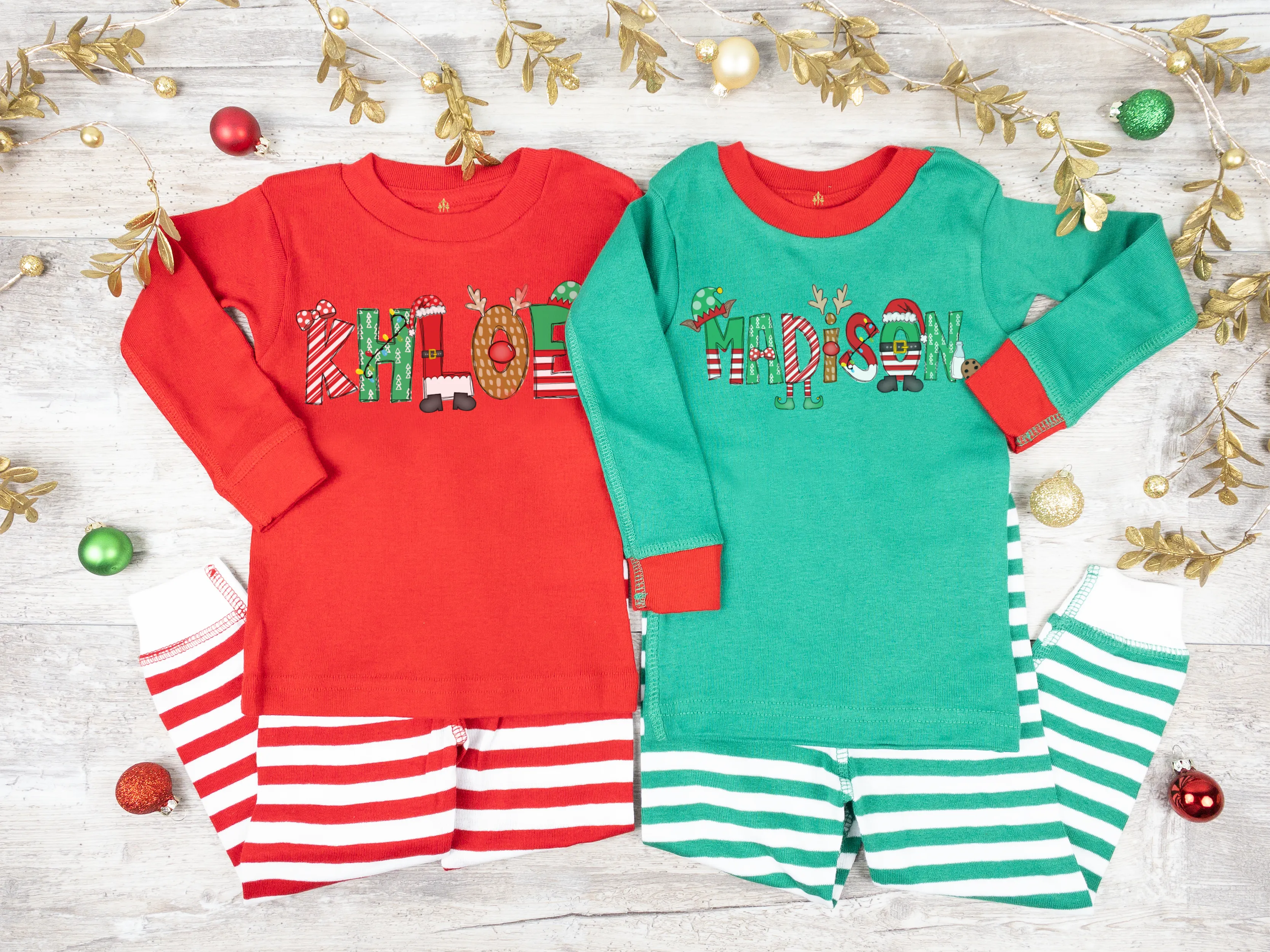 Custom Christmas Pajamas in Red & Green for Kids and Adults