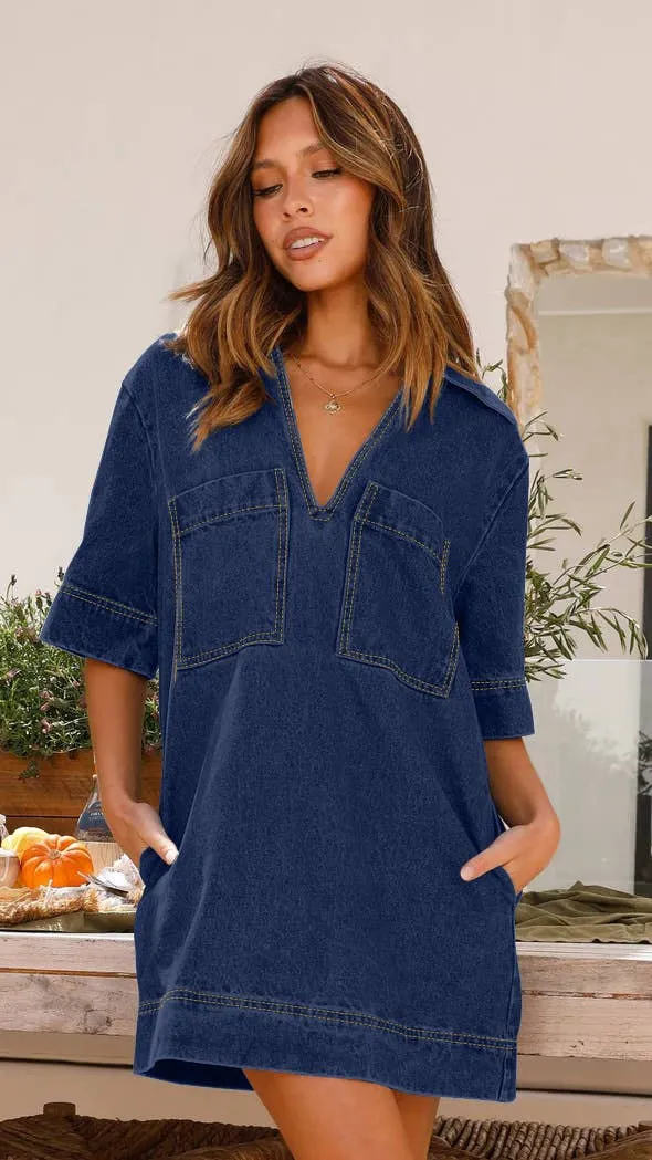 Denim Lapel Short-Sleeved Dress