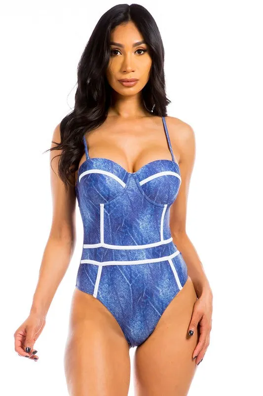 Denim Look One-Piece Swimwear