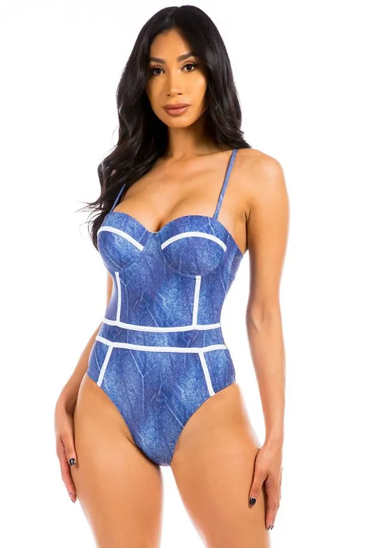 Denim Look One-Piece Swimwear