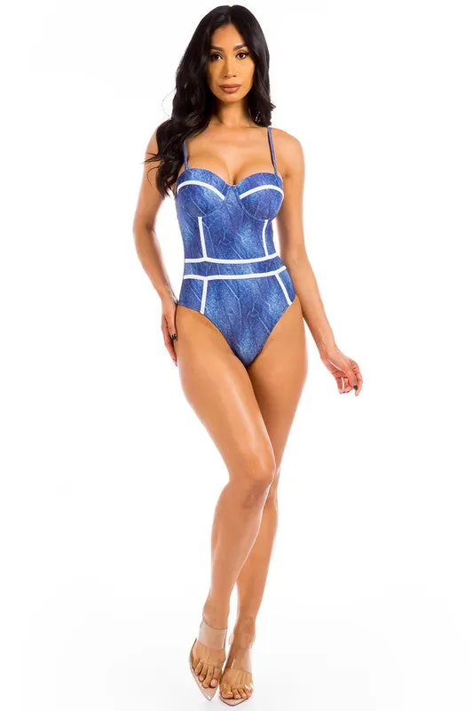 Denim Look One-Piece Swimwear