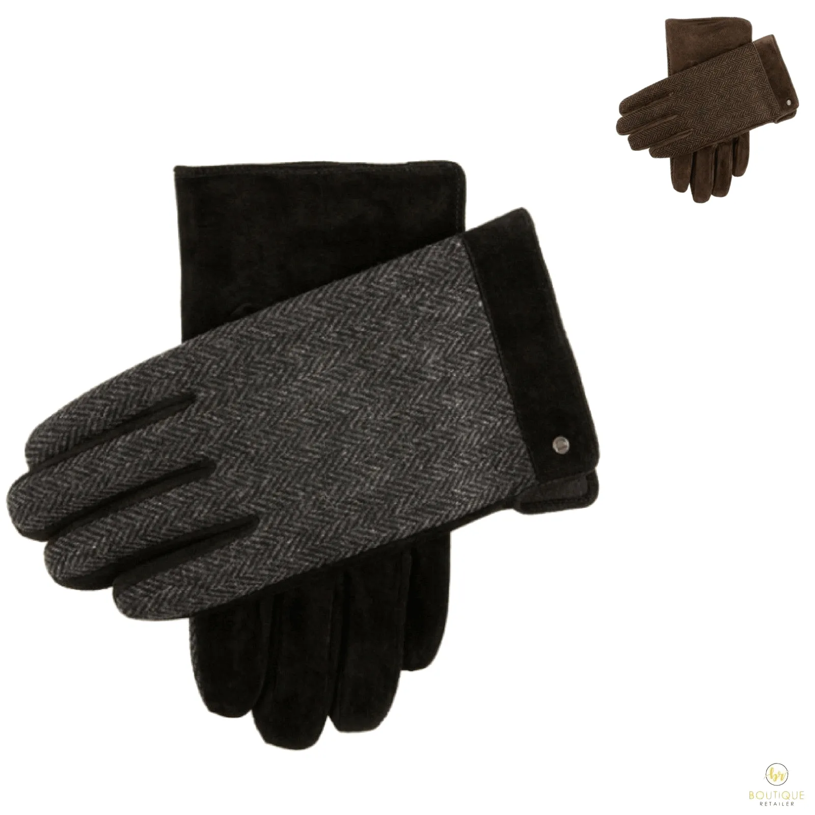 Black Fleece Lined Herringbone Back Suede Gloves