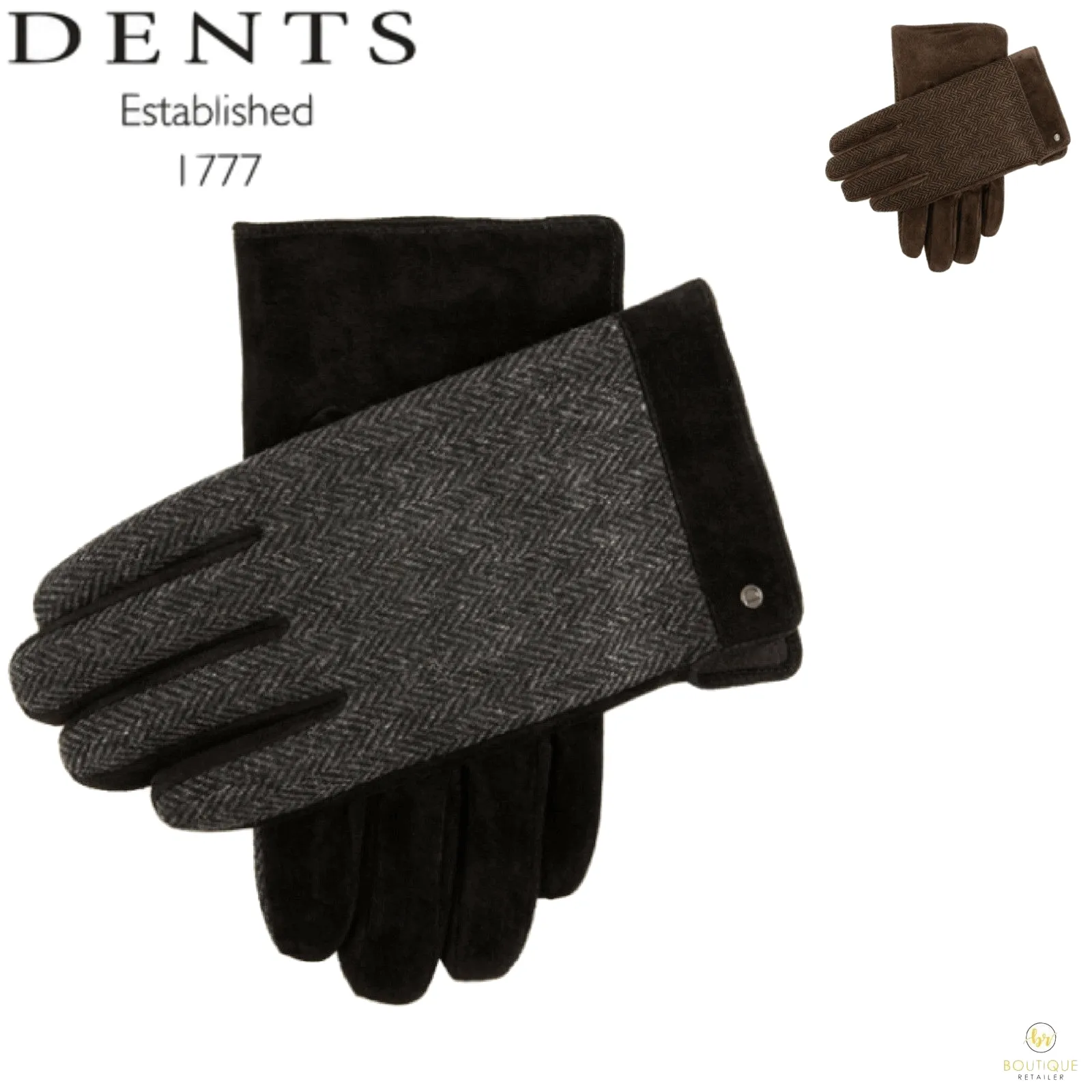 Black Fleece Lined Herringbone Back Suede Gloves