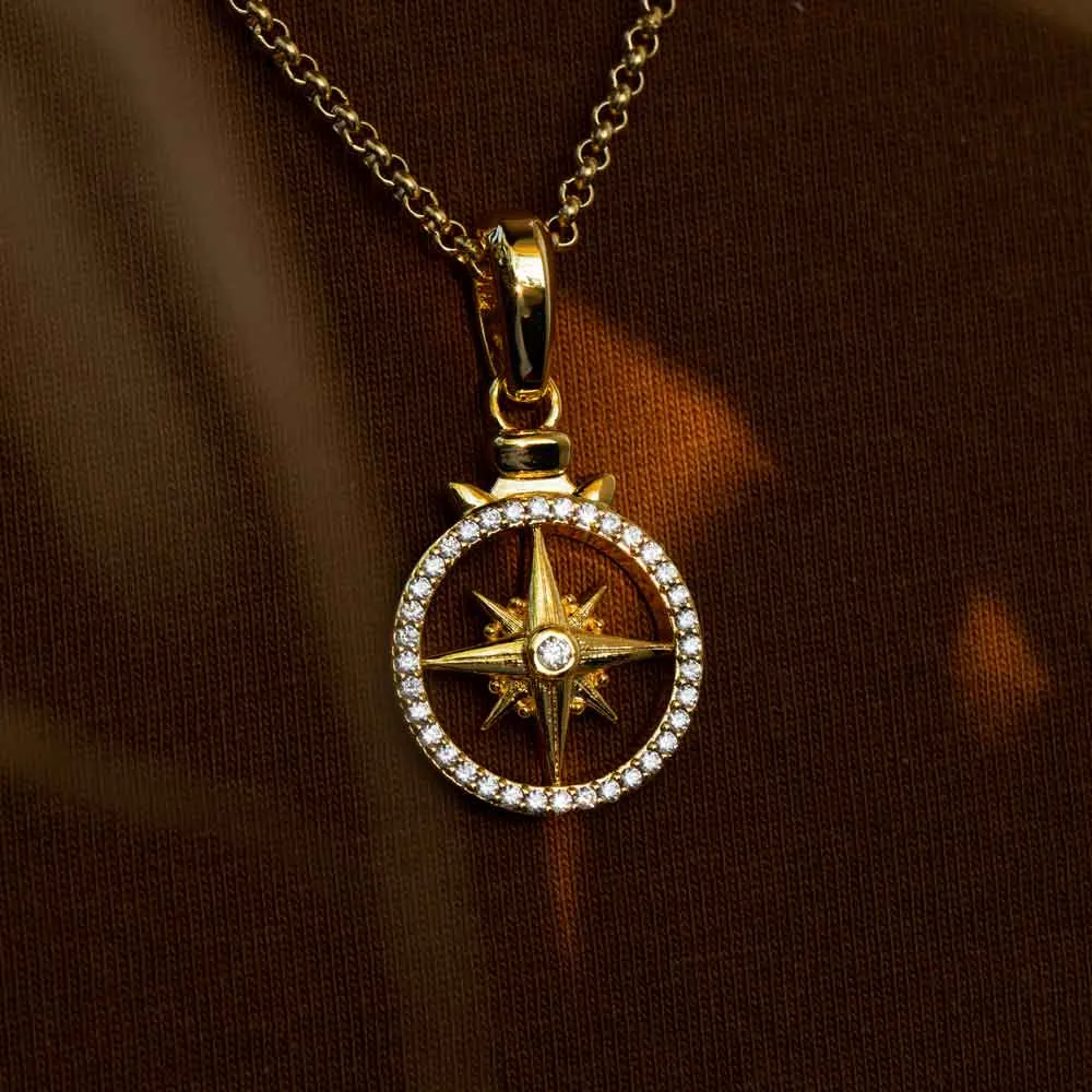 White Gold Diamond Compass Necklace Pendant with Cable Chain