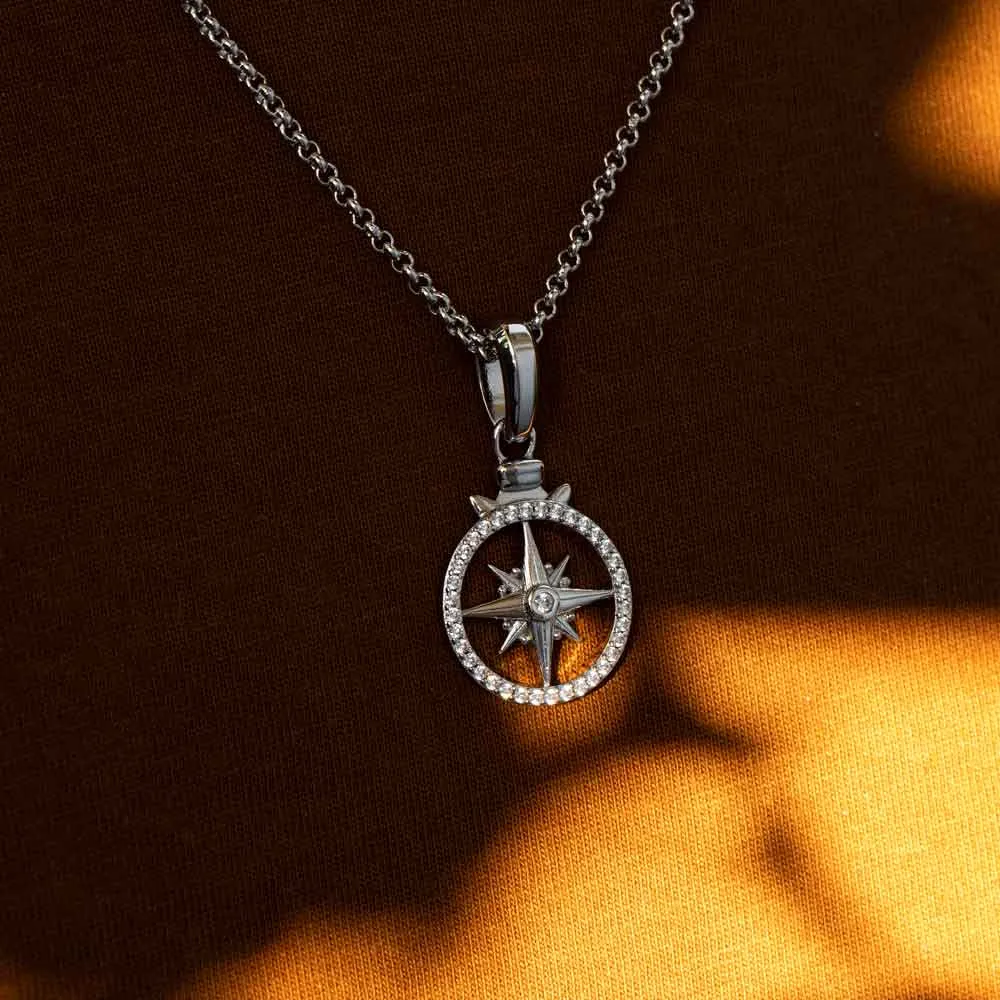 White Gold Diamond Compass Necklace Pendant with Cable Chain