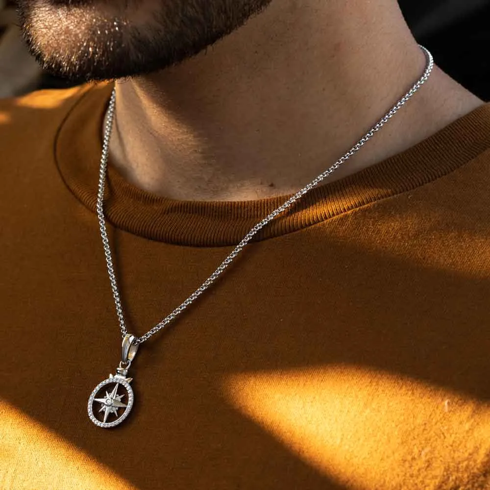 White Gold Diamond Compass Necklace Pendant with Cable Chain