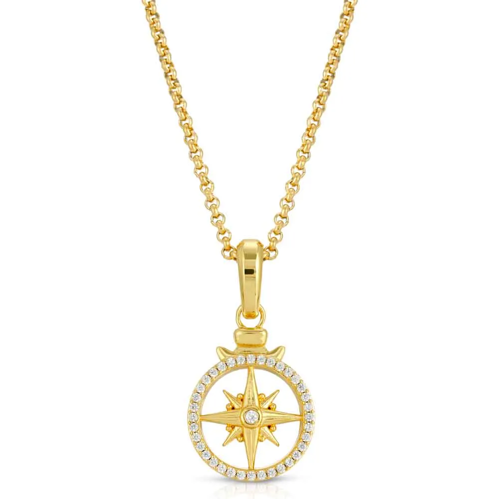 White Gold Diamond Compass Necklace Pendant with Cable Chain