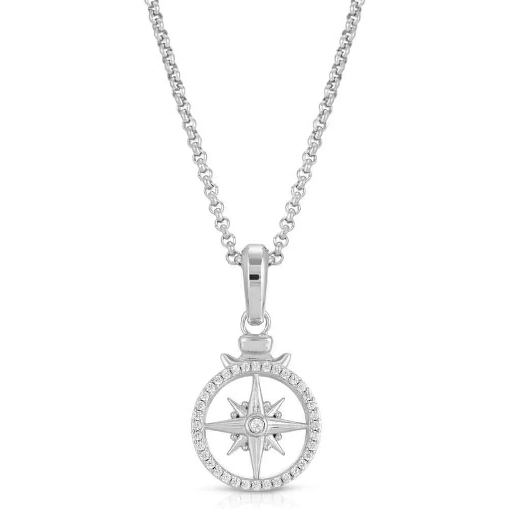 White Gold Diamond Compass Necklace Pendant with Cable Chain