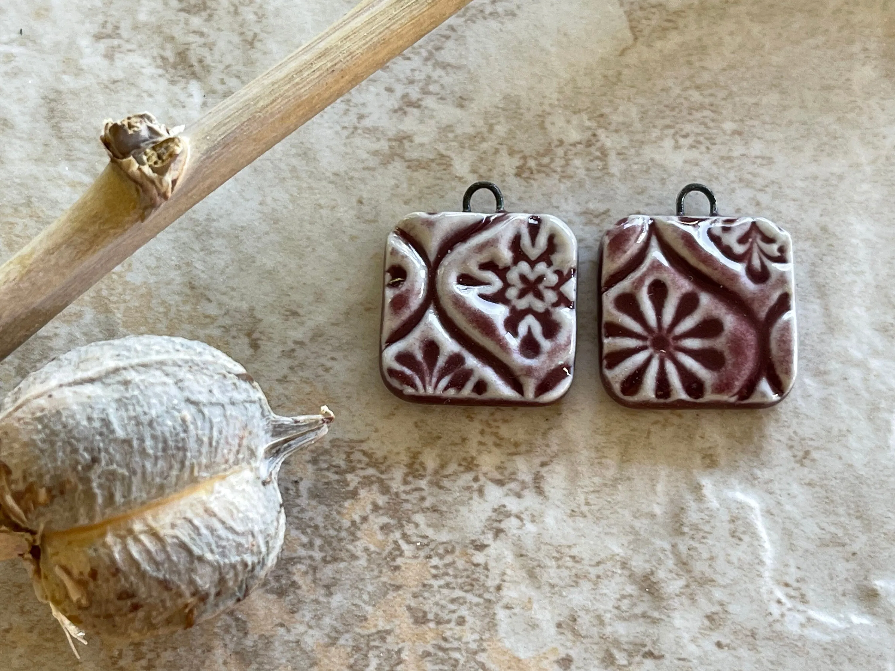 Earring Bead Pair with Burgundy Talavera Square, Porcelain, and Ceramic Charms