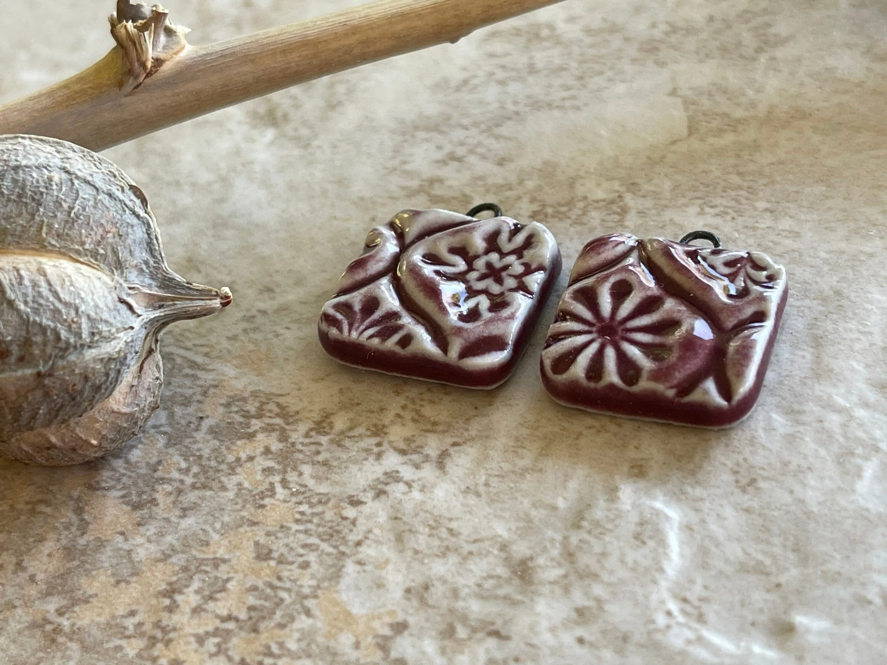 Earring Bead Pair with Burgundy Talavera Square, Porcelain, and Ceramic Charms