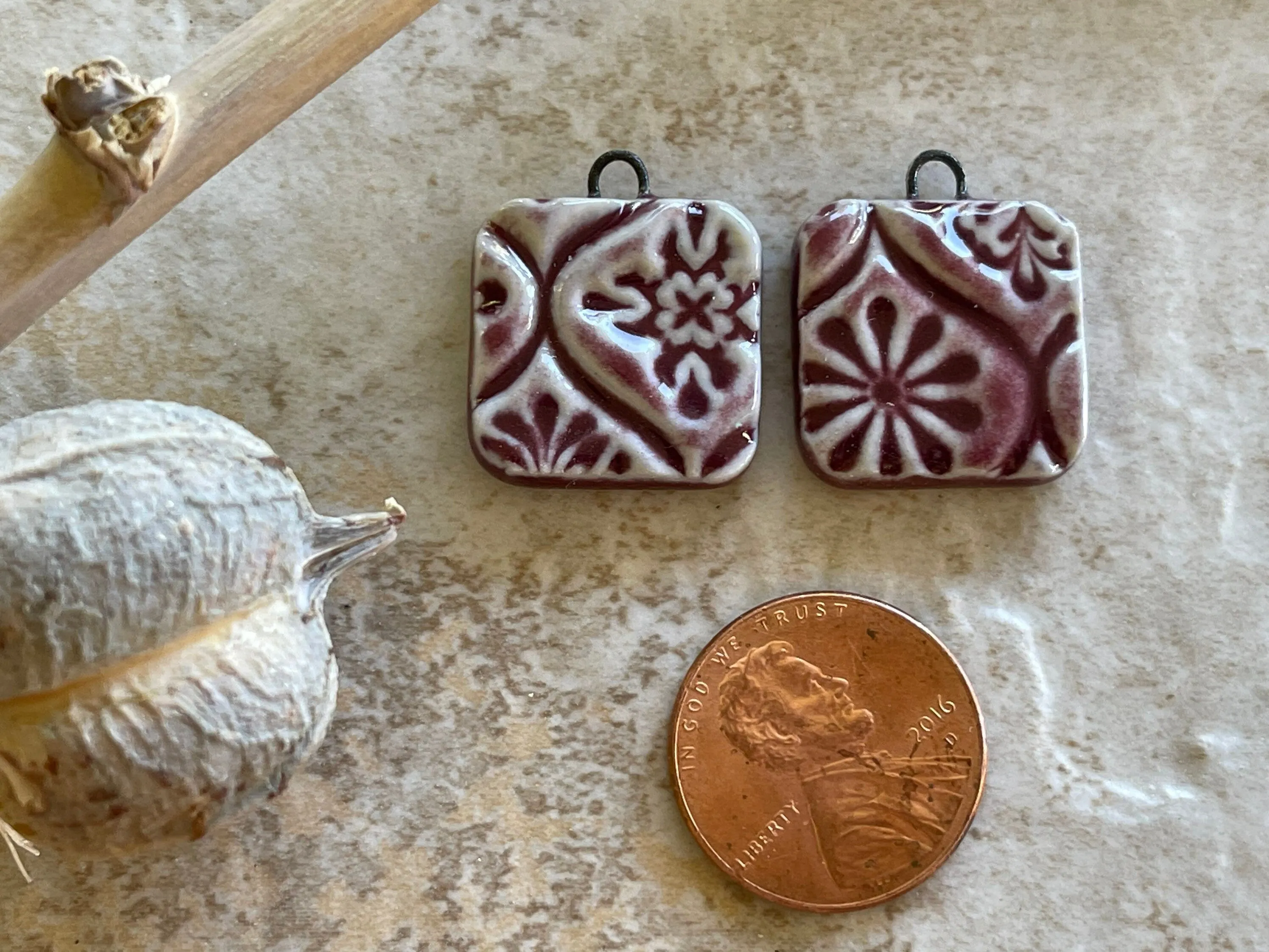 Earring Bead Pair with Burgundy Talavera Square, Porcelain, and Ceramic Charms