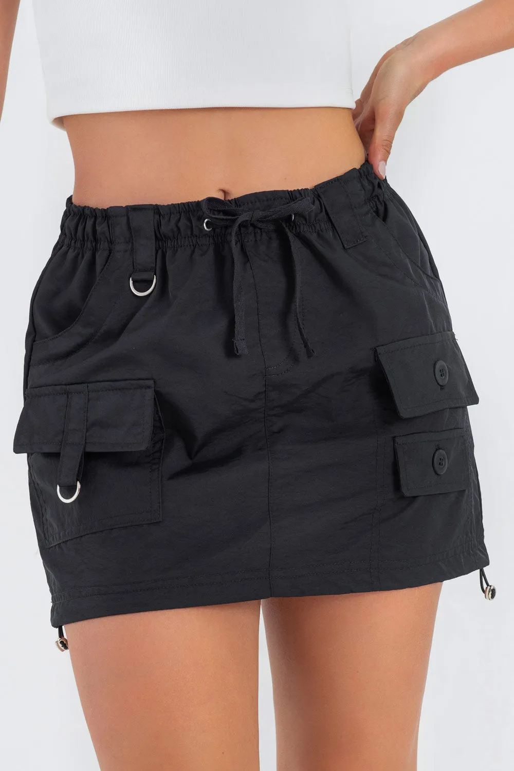 Short Elastic Waist Cargo Skirt with Drawstring