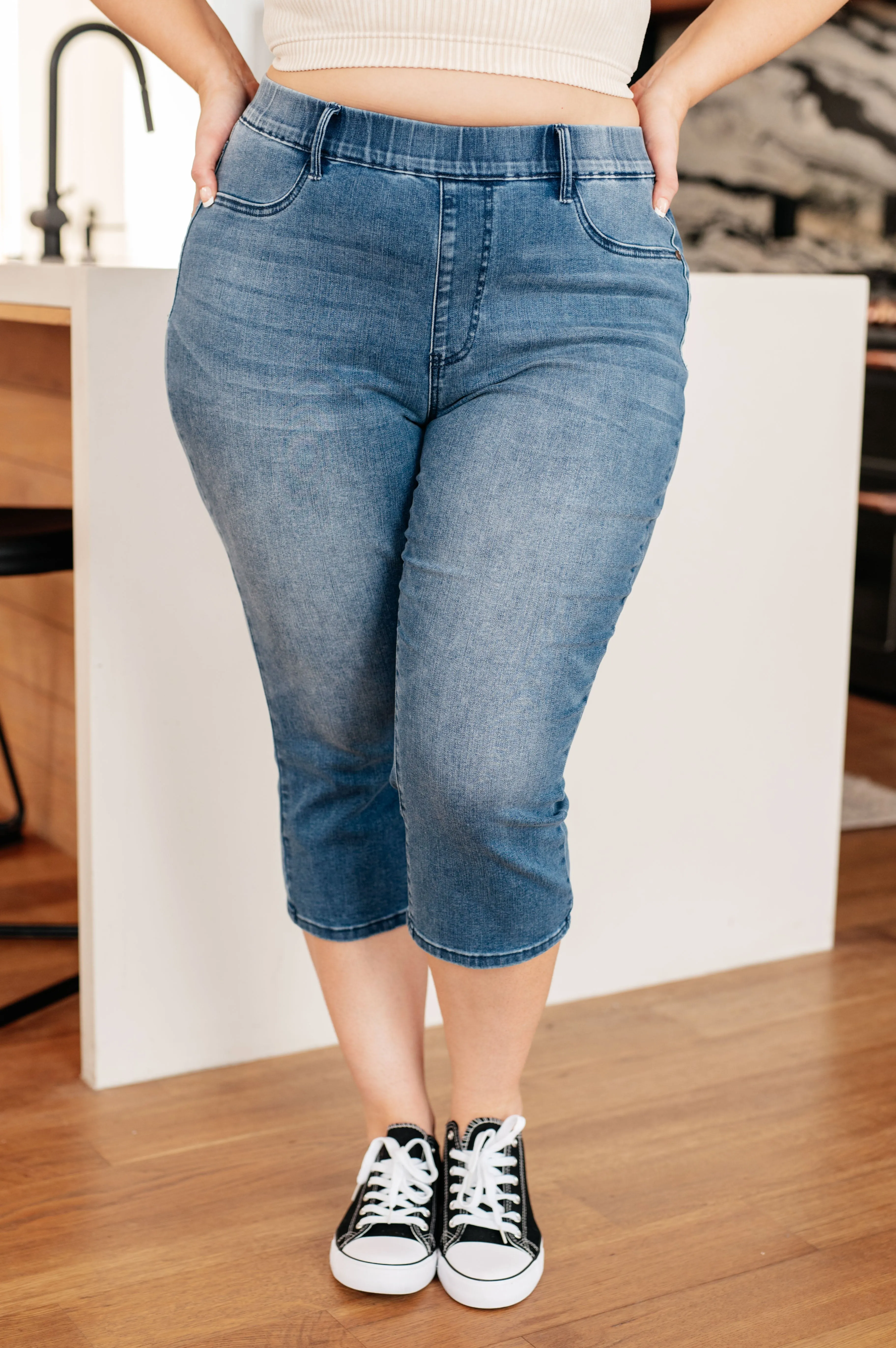 Emily High Rise Pull On Cool Denim Capri Jeans