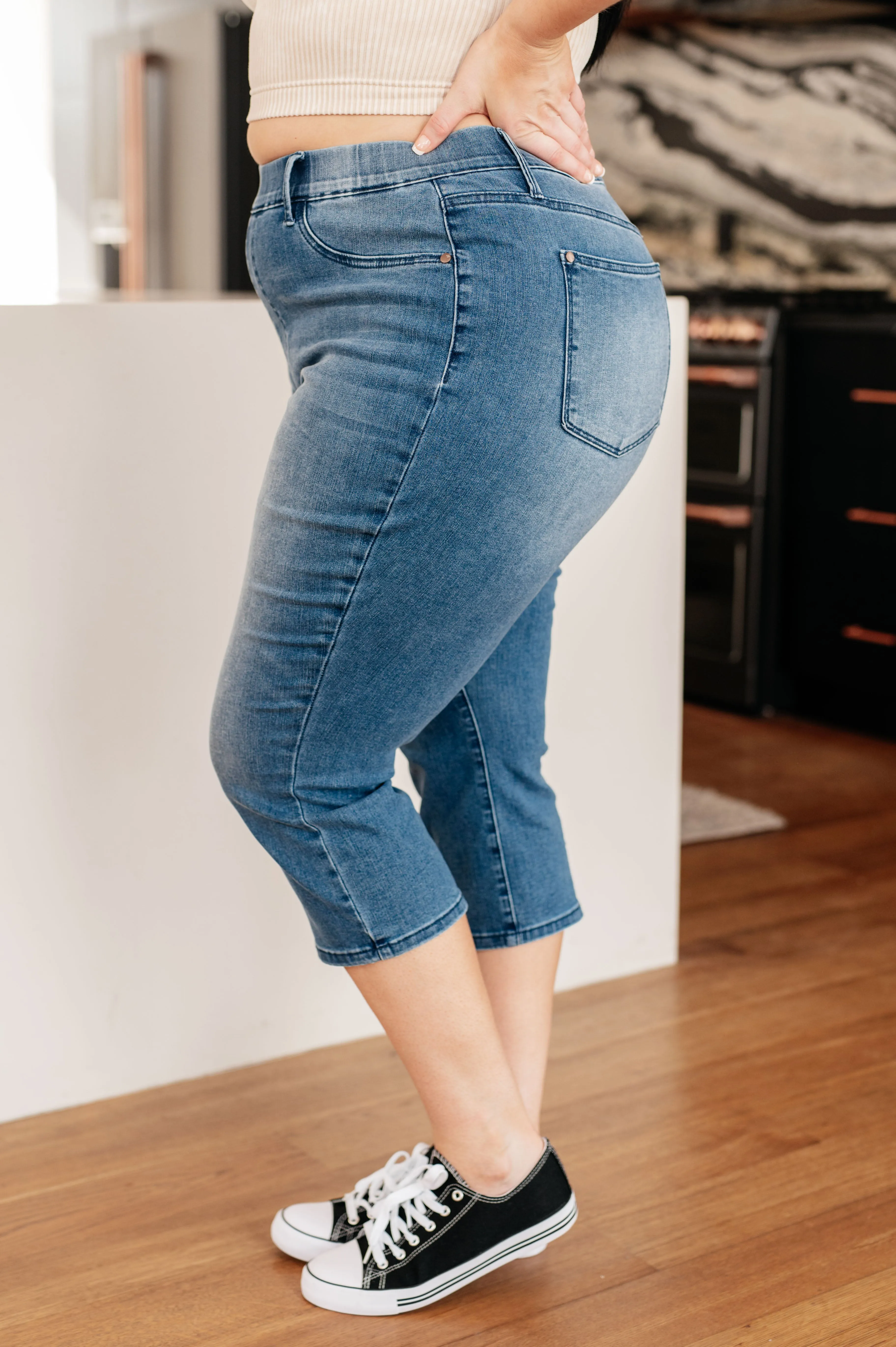 Emily High Rise Pull On Cool Denim Capri Jeans