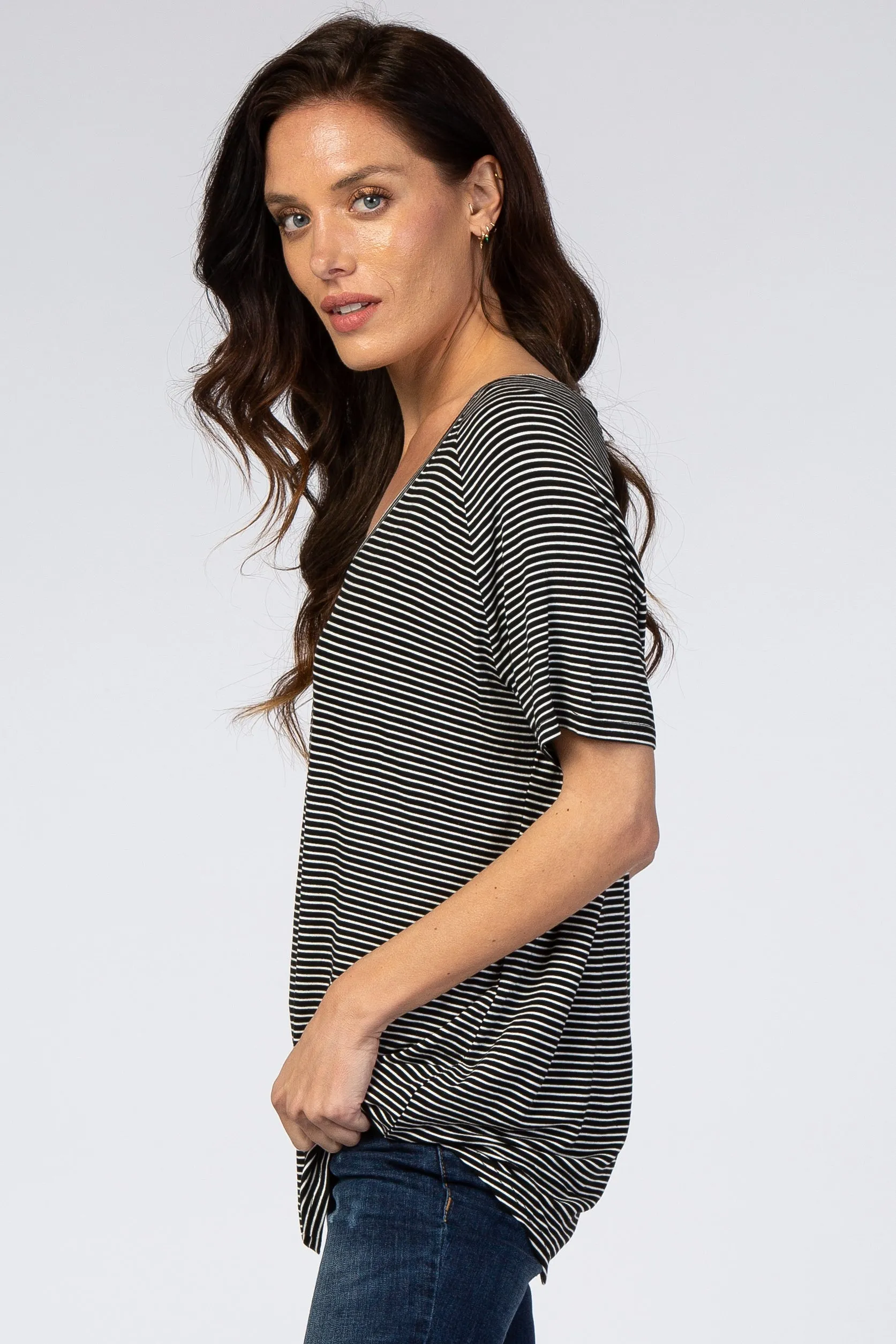 Striped V-Neck Black Short Sleeve Top