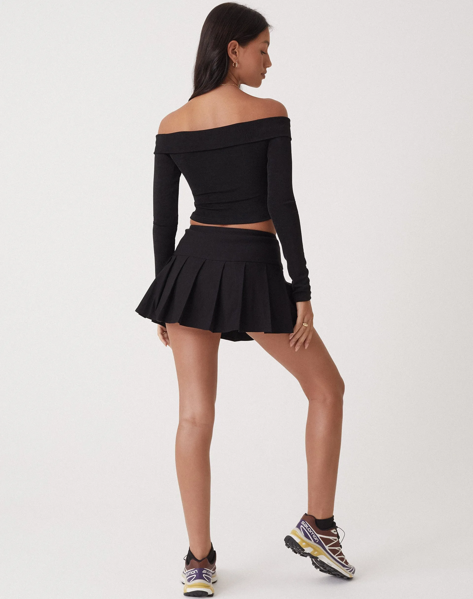 Gatlin Black Wash Pleated Denim Mini Skirt with Studs