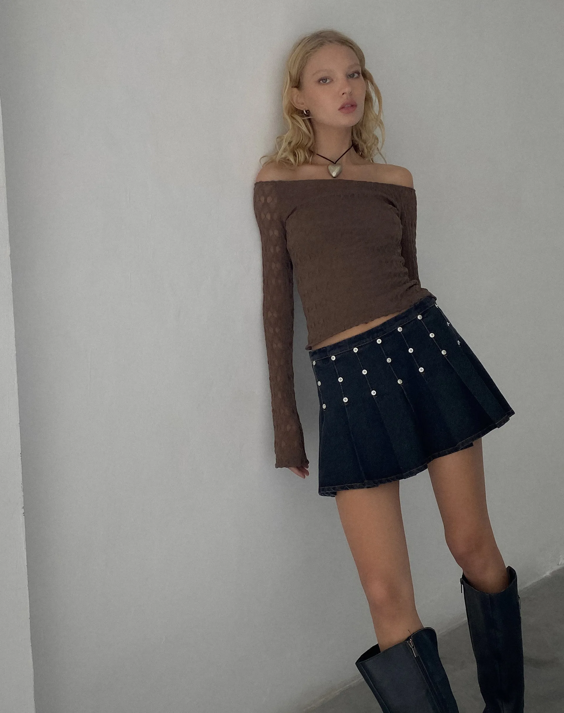 Gatlin Black Wash Pleated Denim Mini Skirt with Studs