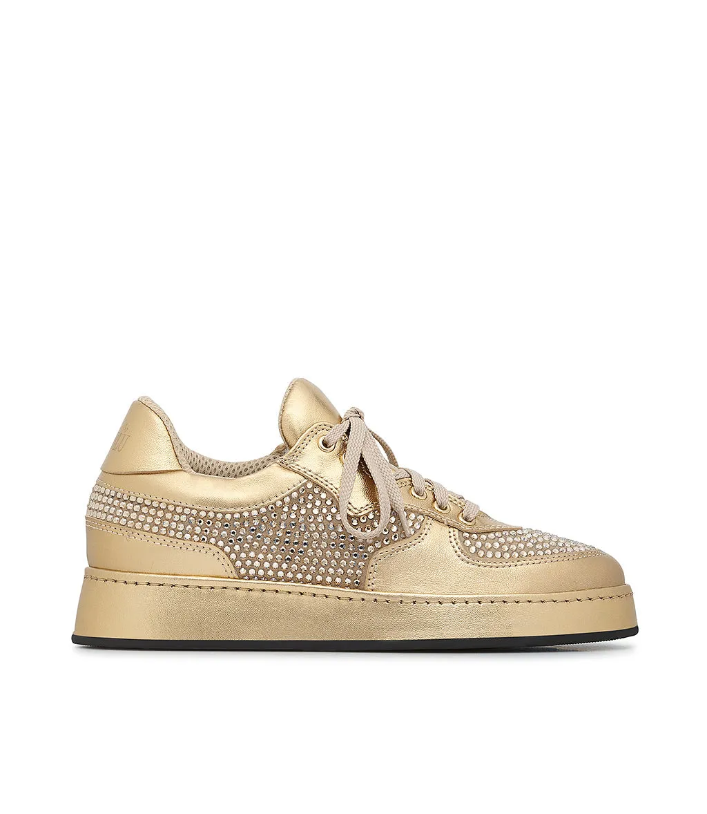 Golden Nappa and Tan Suede Rhinestone Sneakers