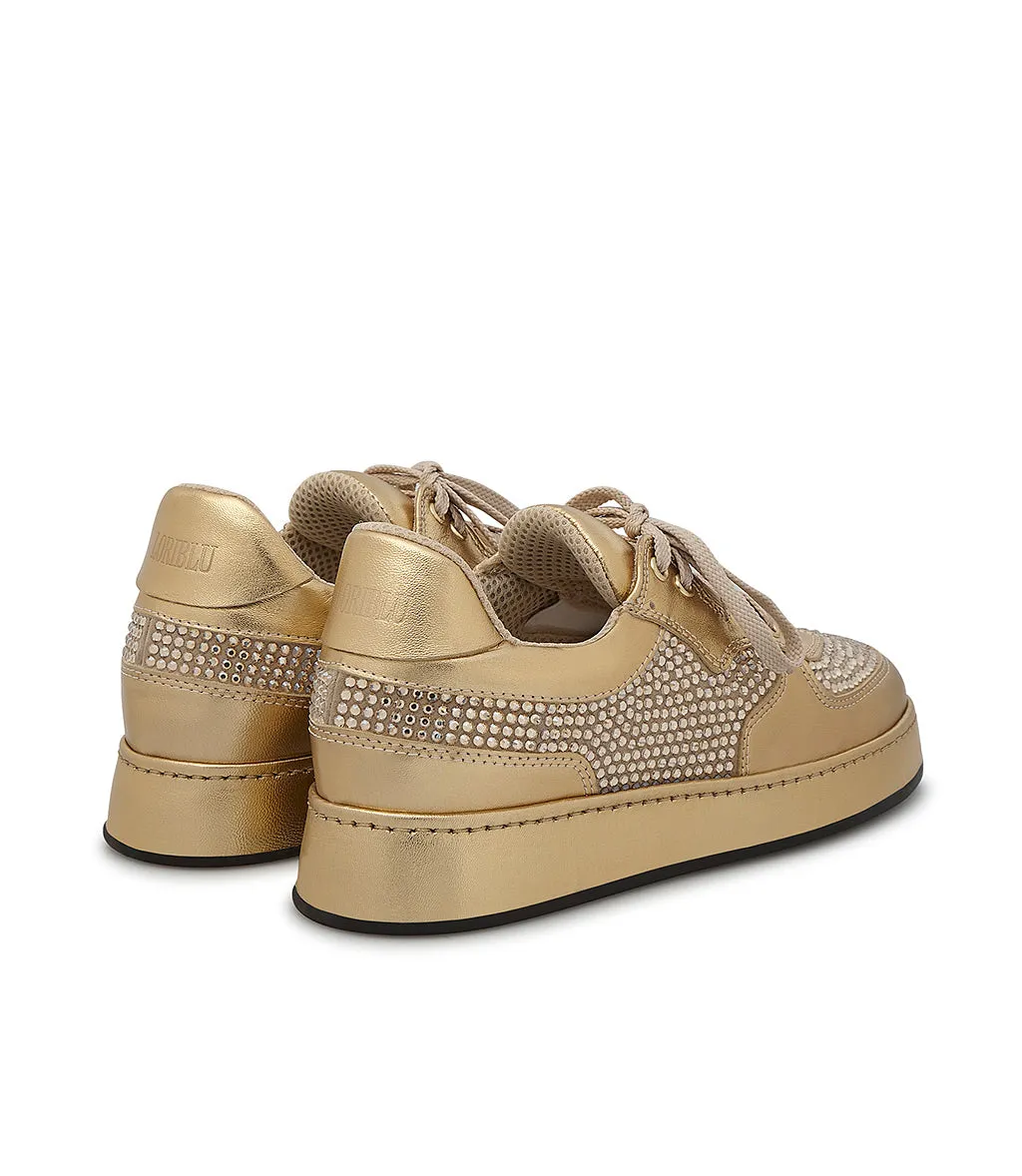 Golden Nappa and Tan Suede Rhinestone Sneakers