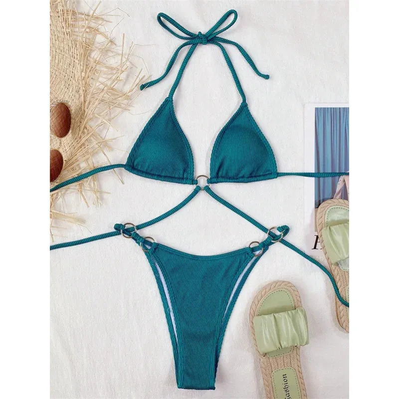 Brazilian Ribbed Green Bandage Bikini for Women