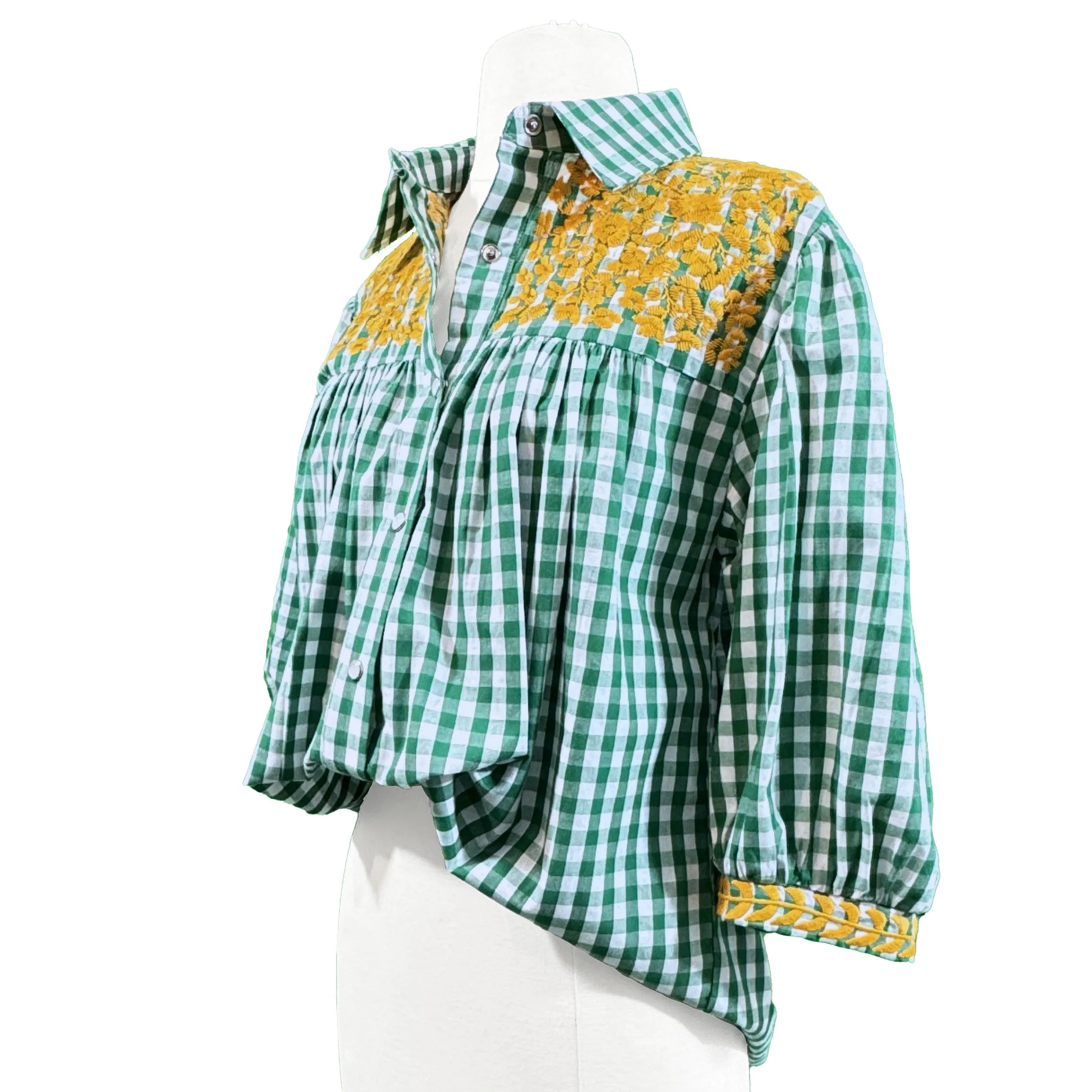 Exclusive Green Buffalo Check Cowgirl Blouse with Gold Accents