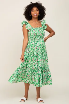 Green Floral Smocked Midi Dress with Frill Sleeves