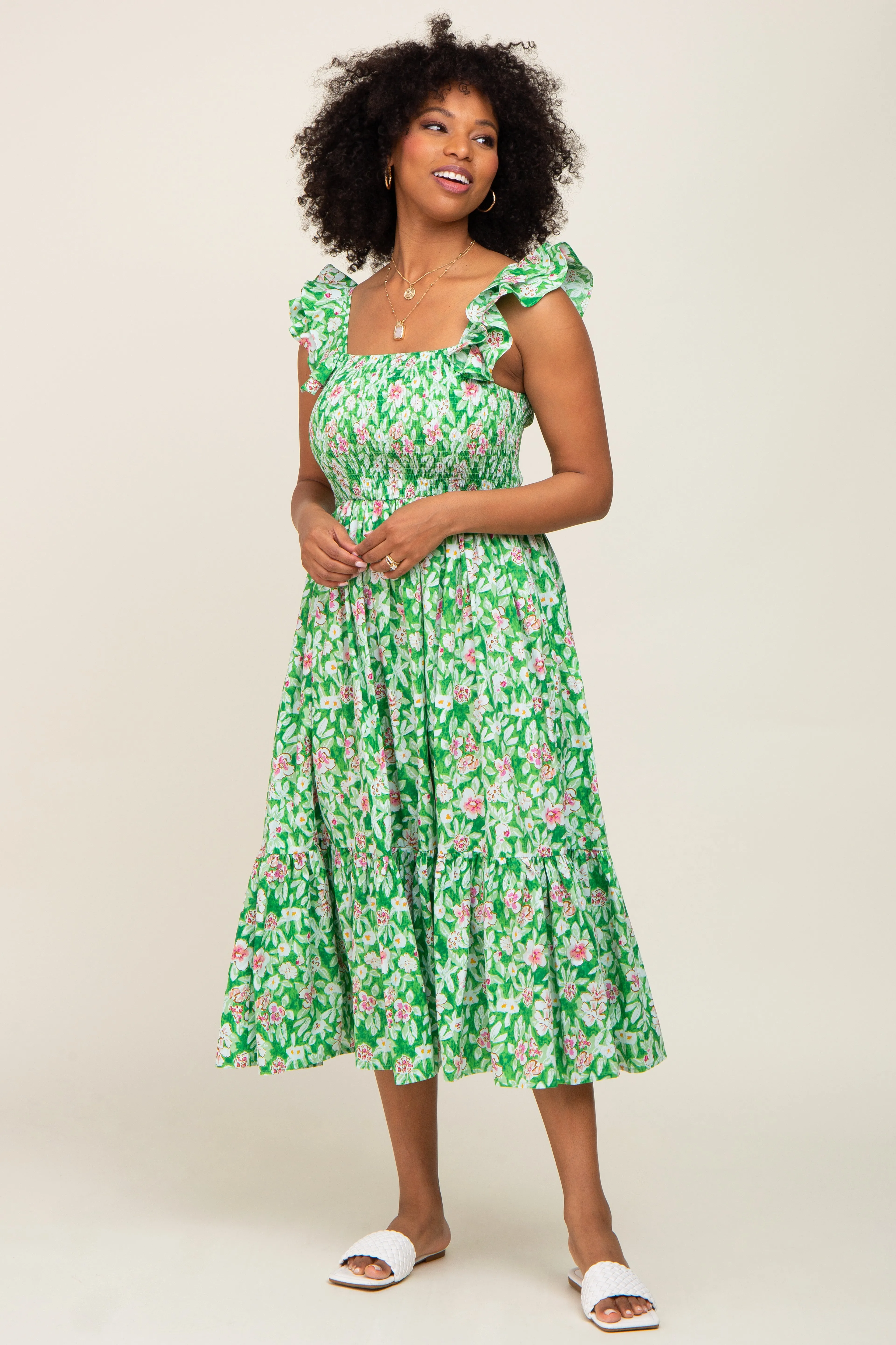 Green Floral Smocked Midi Dress with Frill Sleeves