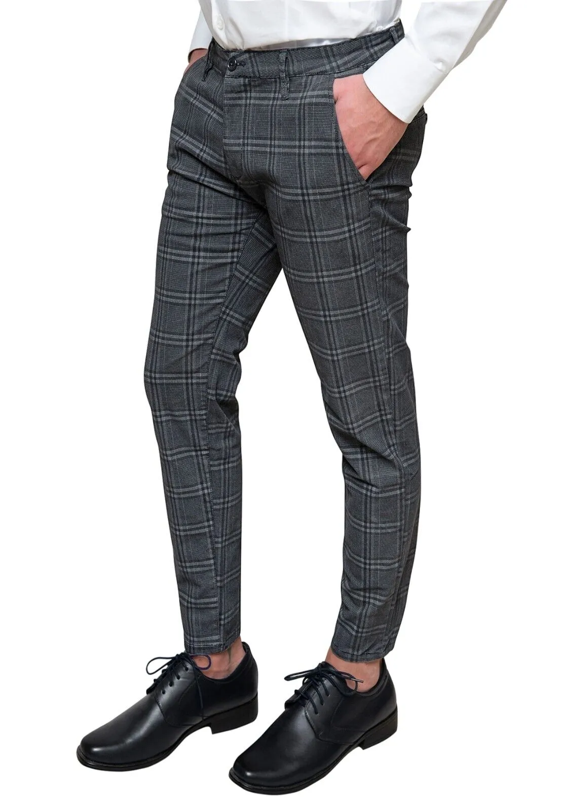 Elegant Casual Slim Fit Prince of Wales Checkered Gray Capri Pants for Men