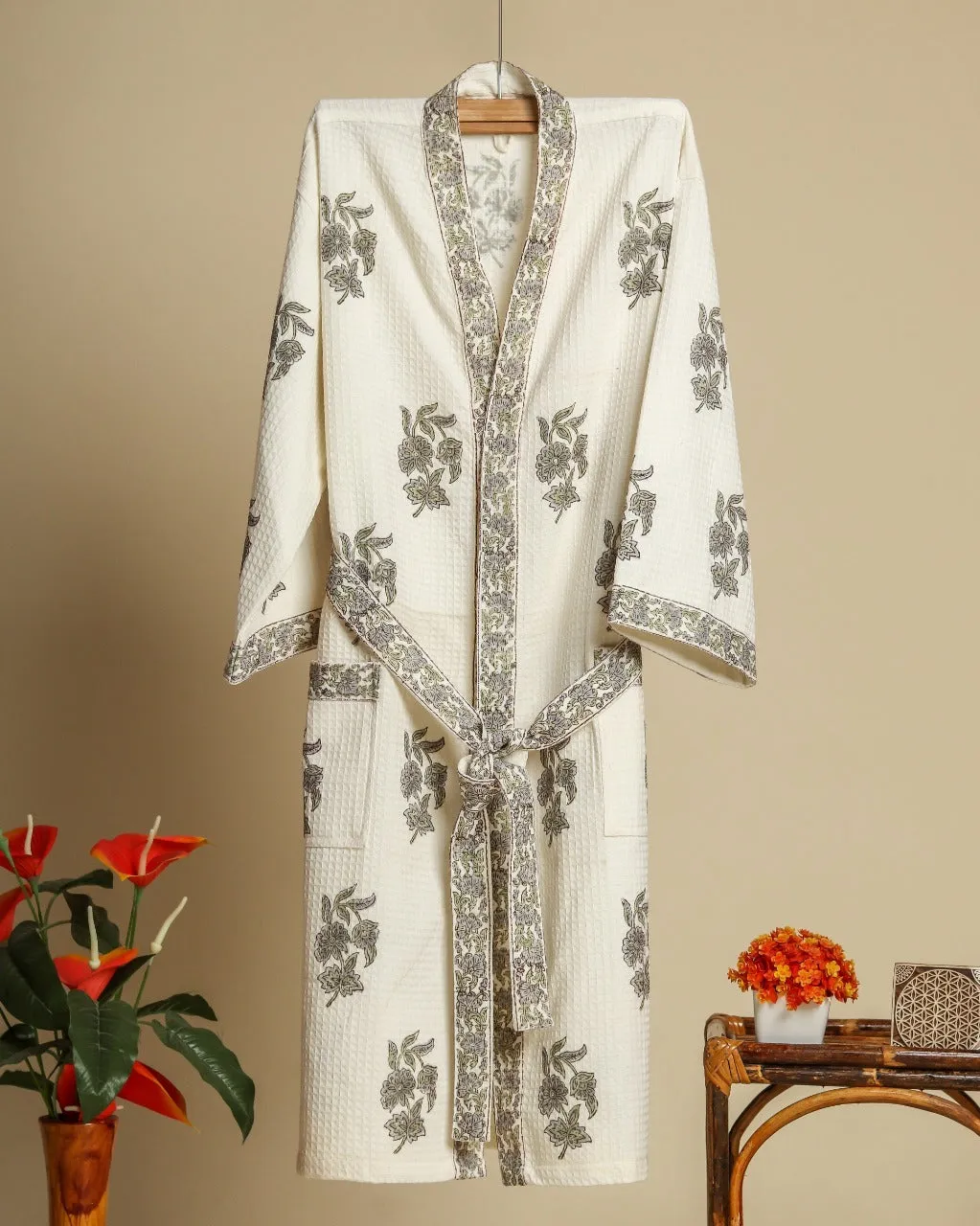 Hand Block Print Waffle Cotton Bathrobe