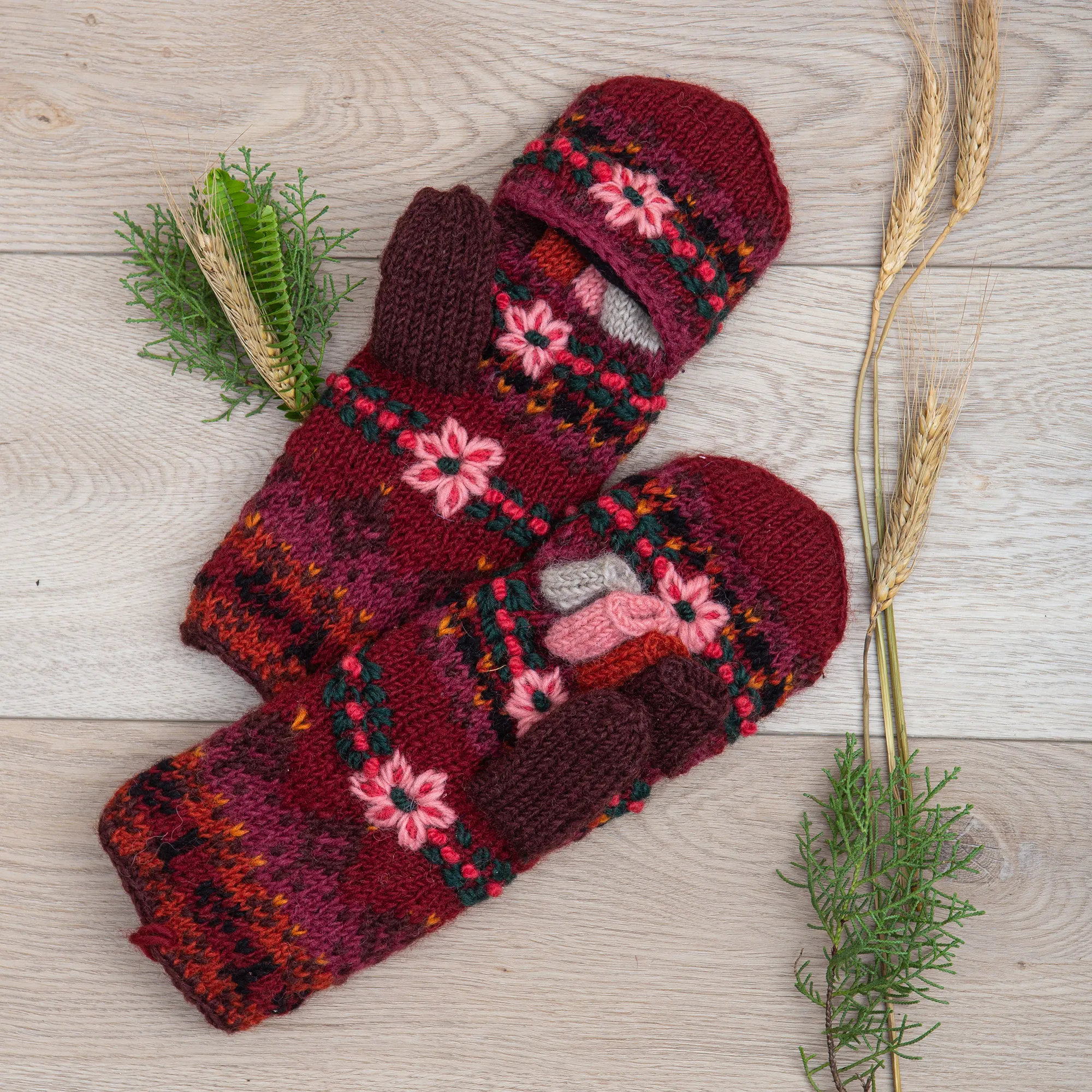 Tarai Hand Embroidered Wool Mittens