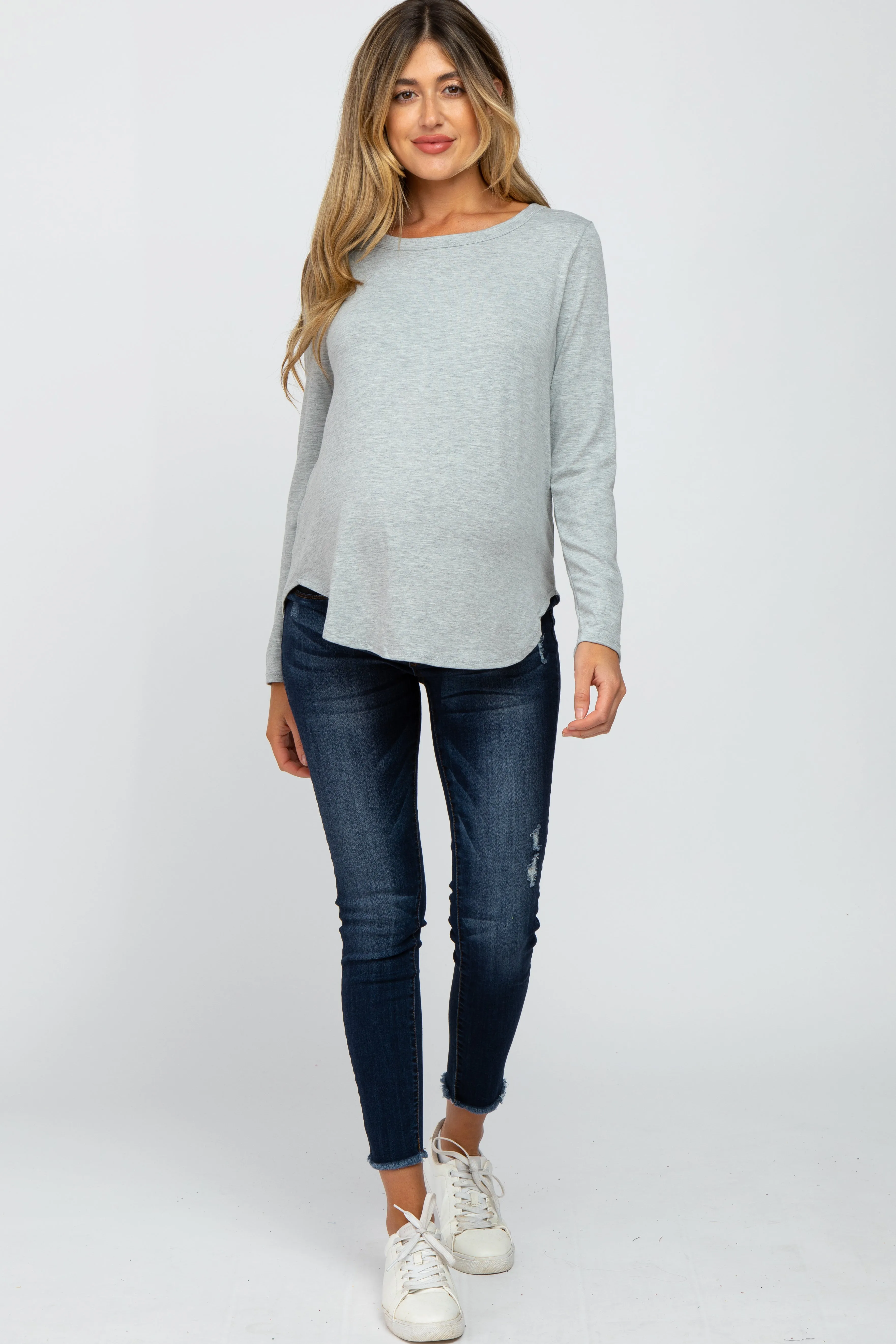 Basic Long Sleeve Maternity Top in Heather Grey