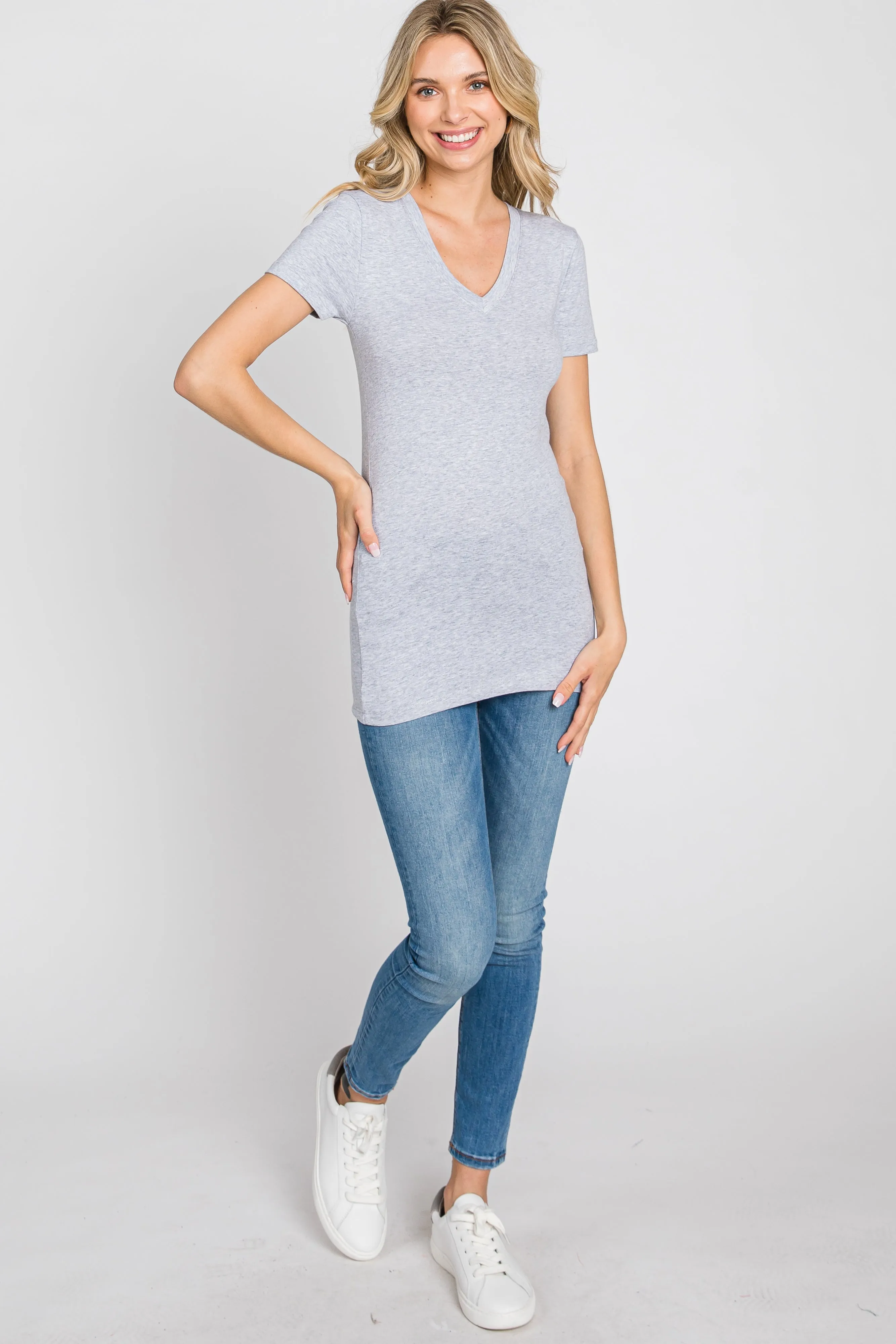 Heather Grey Short Sleeve Top with V-Neck