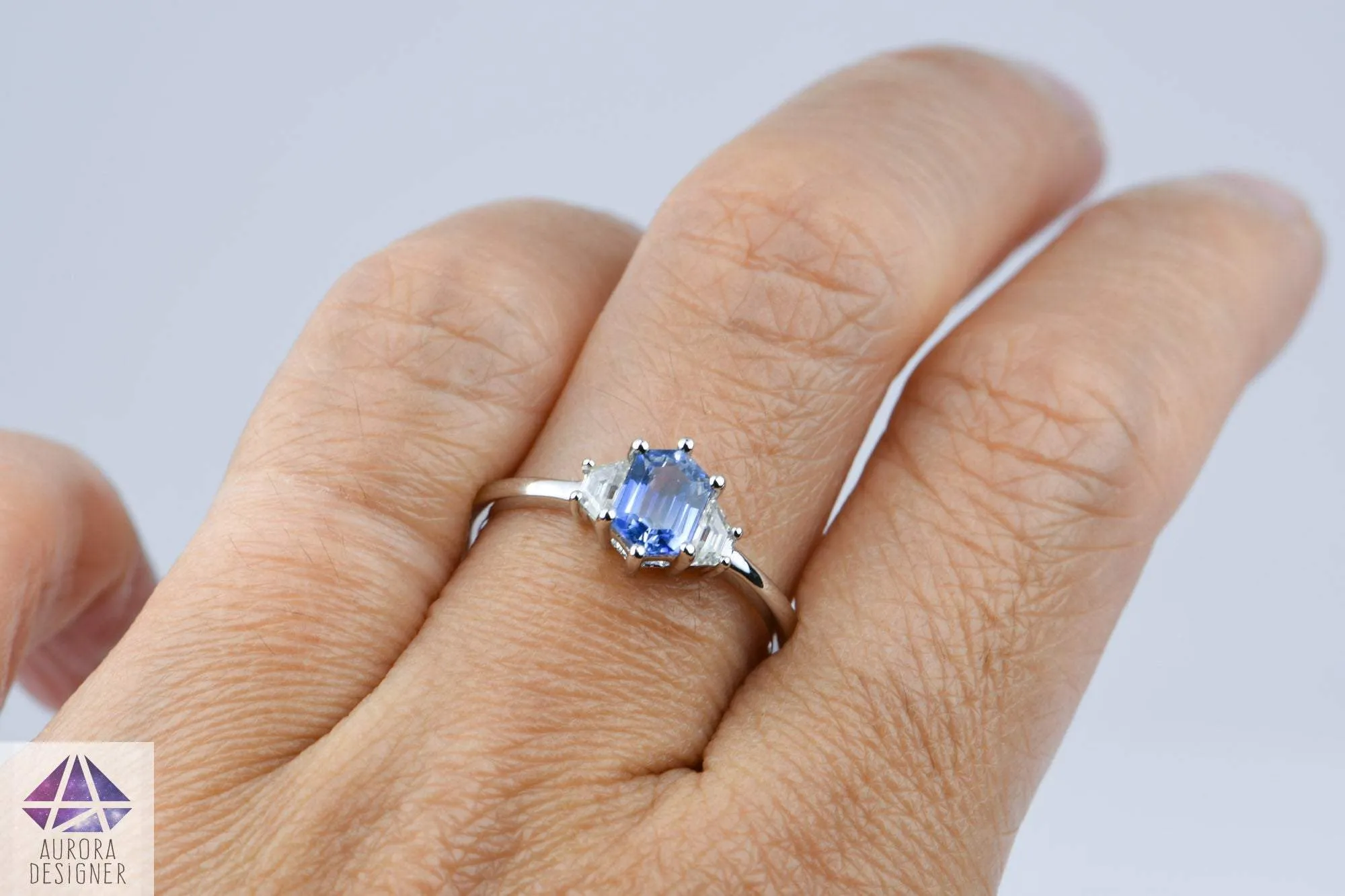 Hexagon Blue Sapphire Moissanite Ring