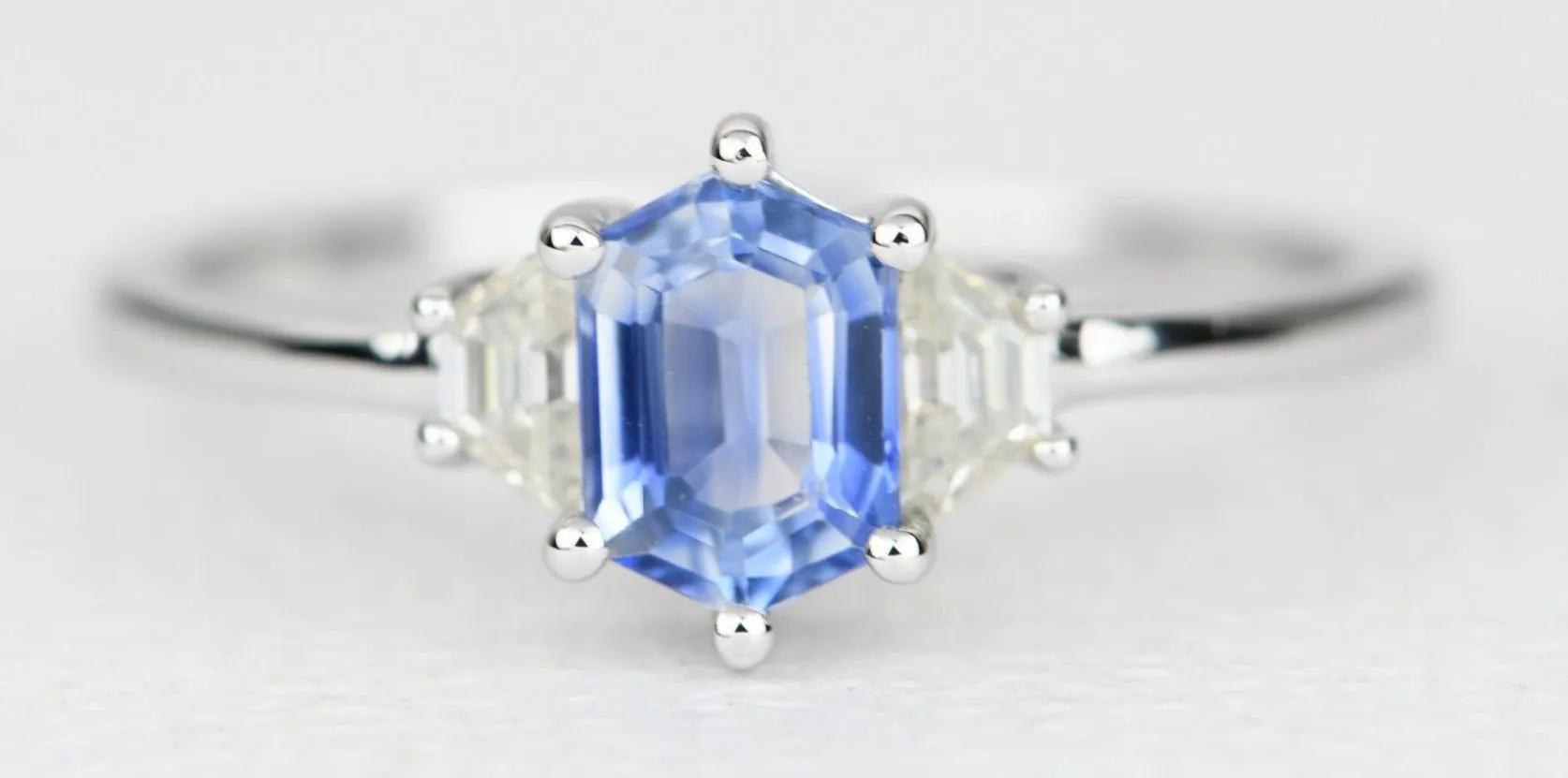 Hexagon Blue Sapphire Moissanite Ring